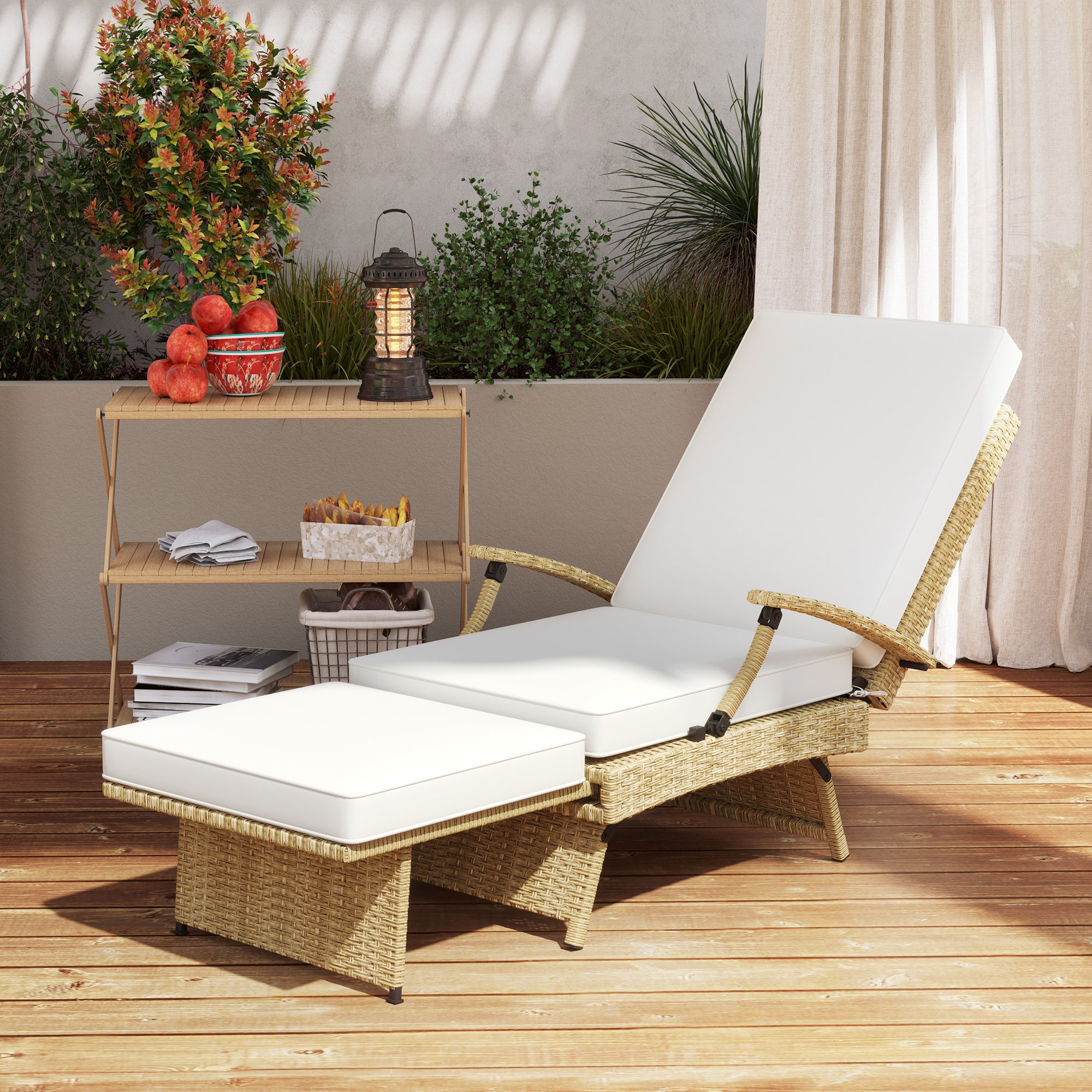 Outsunny 80° Reclining Rattan Lounger - White/Beige - North Peak Garden Furniture