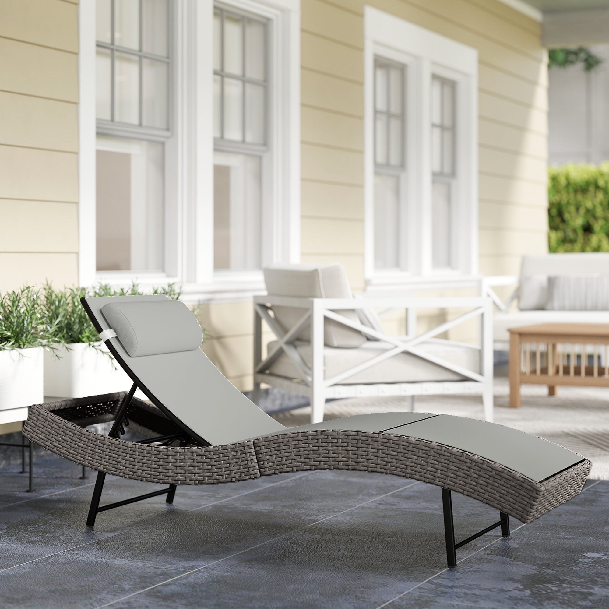 Outsunny Rattan Sun Lounger, Garden Recliner with 5 Position Adjustable Back, S Shaped Texteline Seat, Headrest, Light Grey