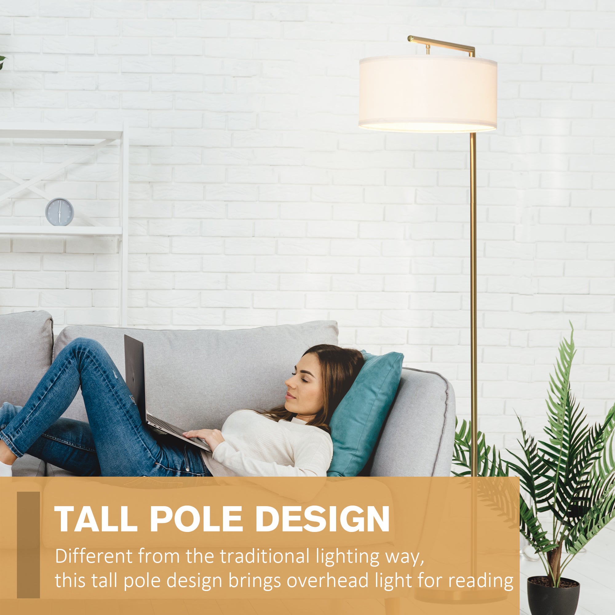 HOMCOM Floor Lamp, Modern Standing Light with Linen Lampshade, Round Base for Living Room, Bedroom, Dining Room, 153cm, Gold and White - North Peak Garden Furniture