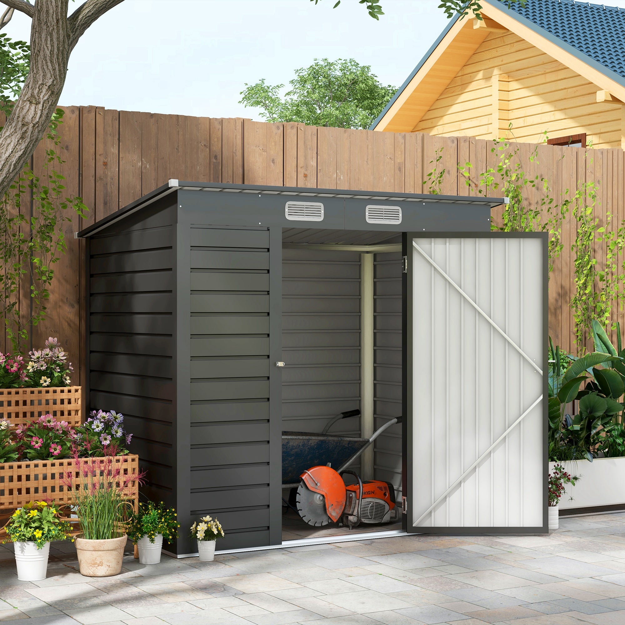 Outsunny 6.3 x 4.3FT Garden Shed. Galvanised Metal Shed, Outdoor Tool Storage Shed with Pent Roof, Lockable Door and 2 Vents, Grey - North Peak Garden Furniture