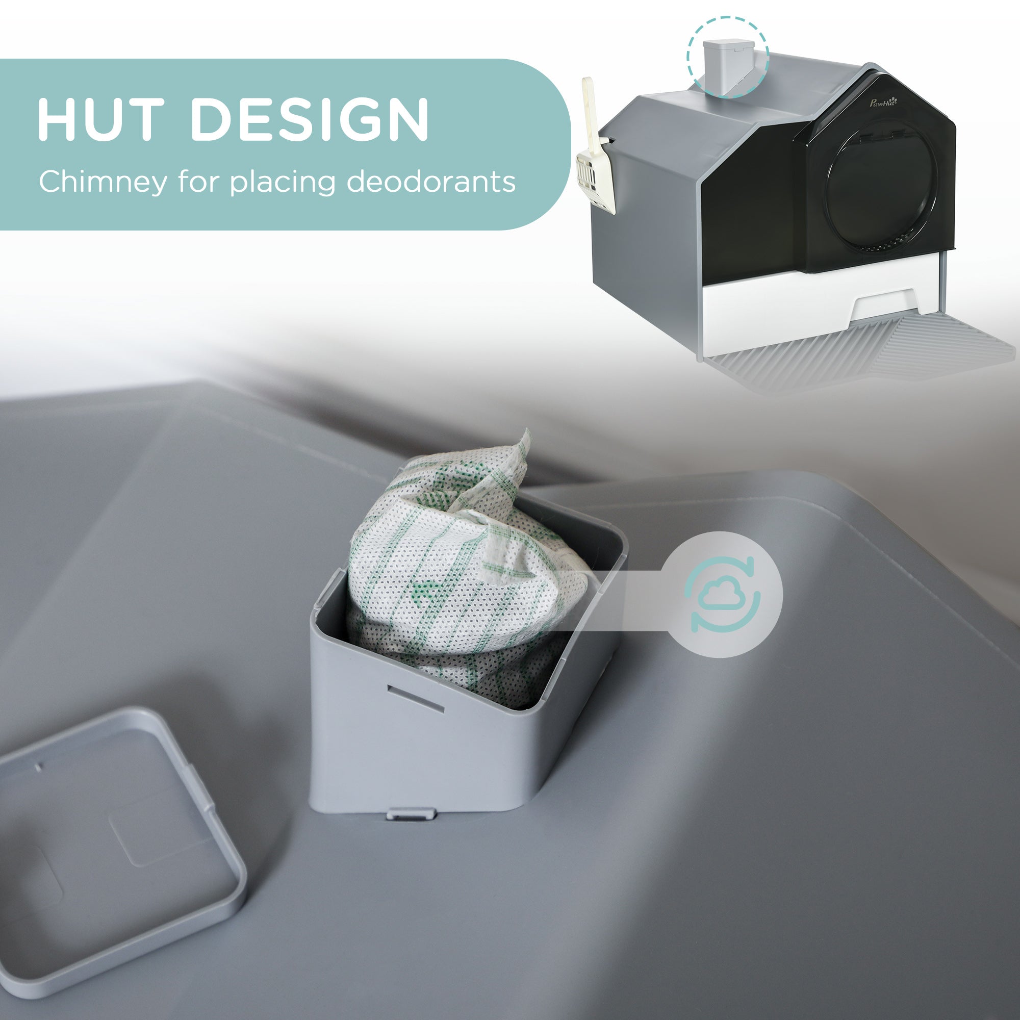 PawHut Hooded Cat Litter Tray with Scoop, Cat Litter Box with Drawer Pan, Handle, Deodorants, Hut Design, Front Entrance, 47 x 45 x 42cm - Grey - North Peak Garden Furniture