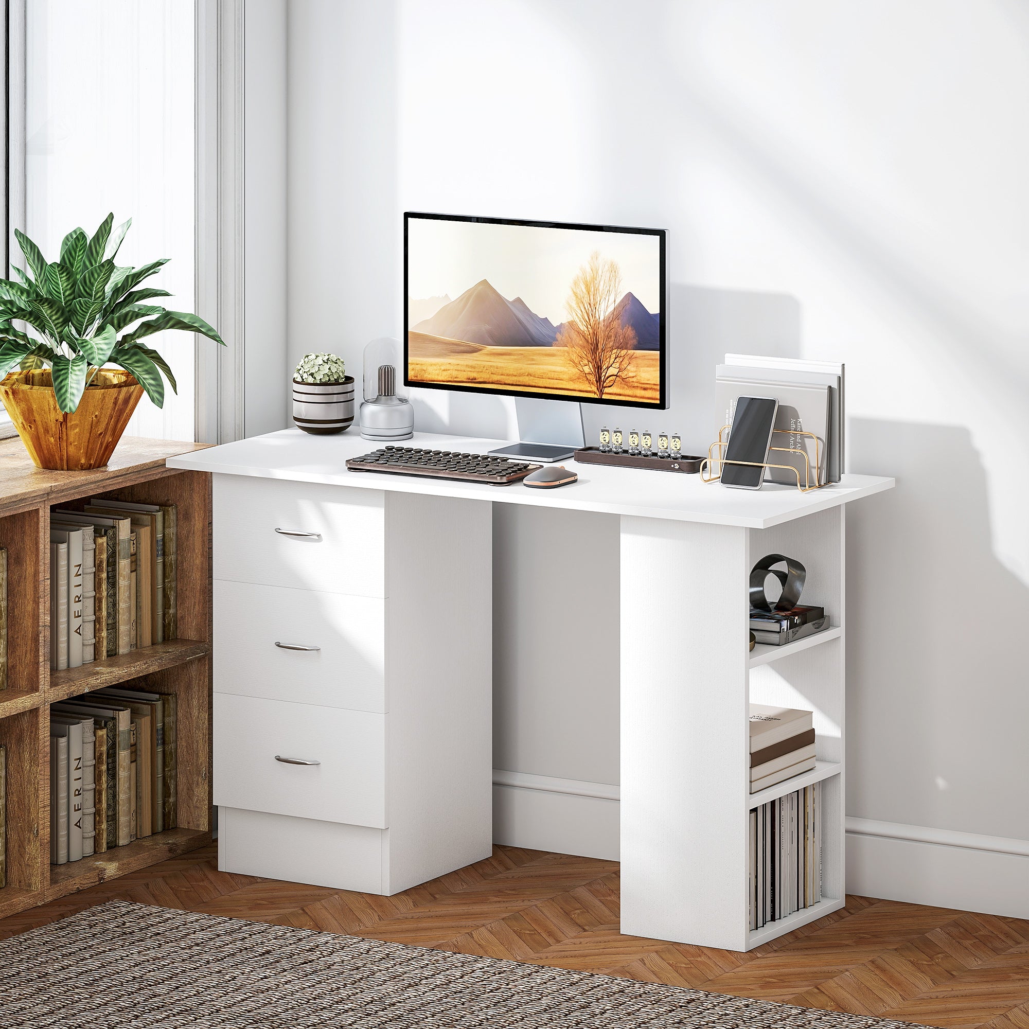 HOMCOM Computer Desk, Home Office Desk, Writing Table, PC Workstation with 3 Storage Shelves and 3 Drawers for Working, Study, 120 x 49 x 72 cm, White