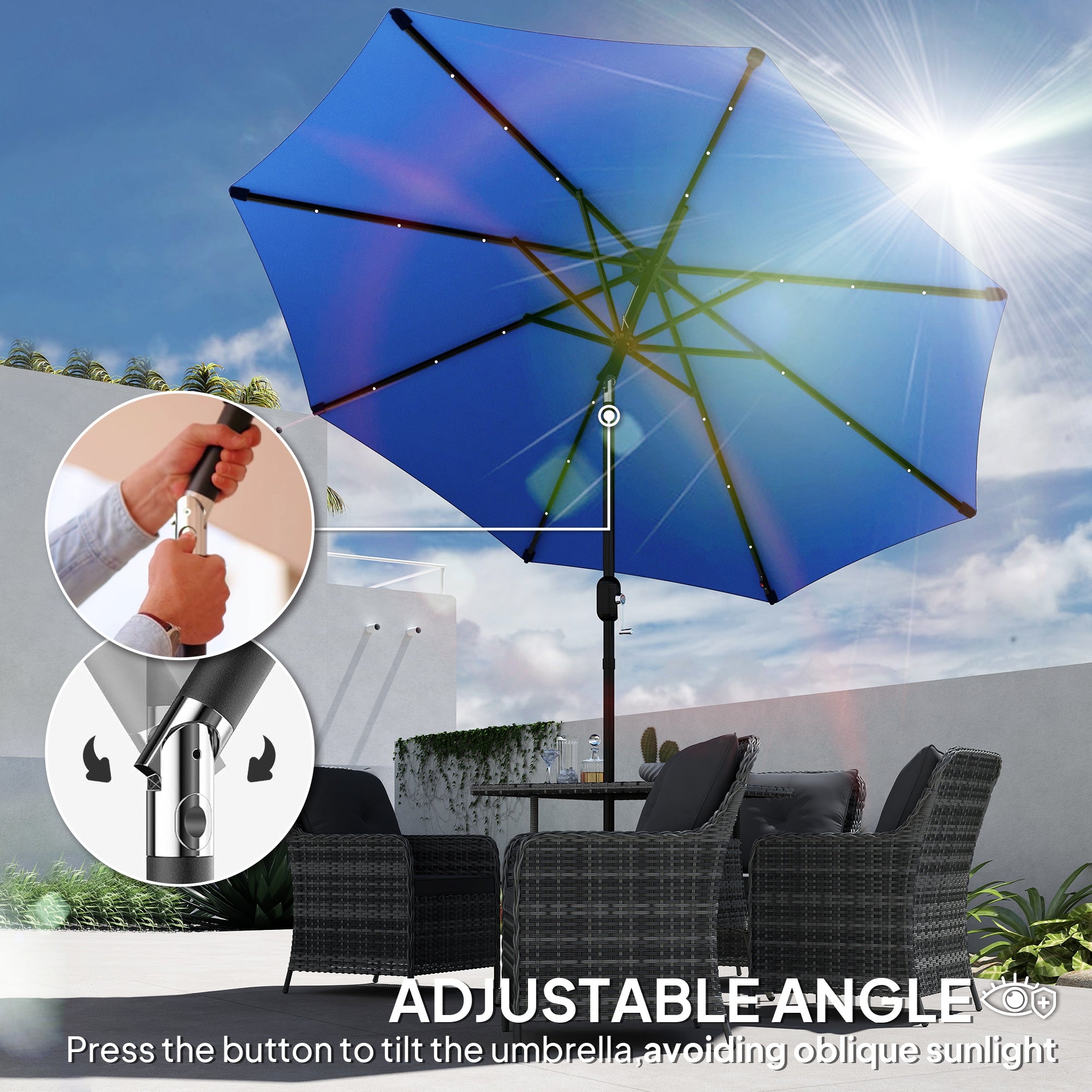Outsunny 2.7m LED Light Parasol Umbrella - Blue - North Peak Garden Furniture