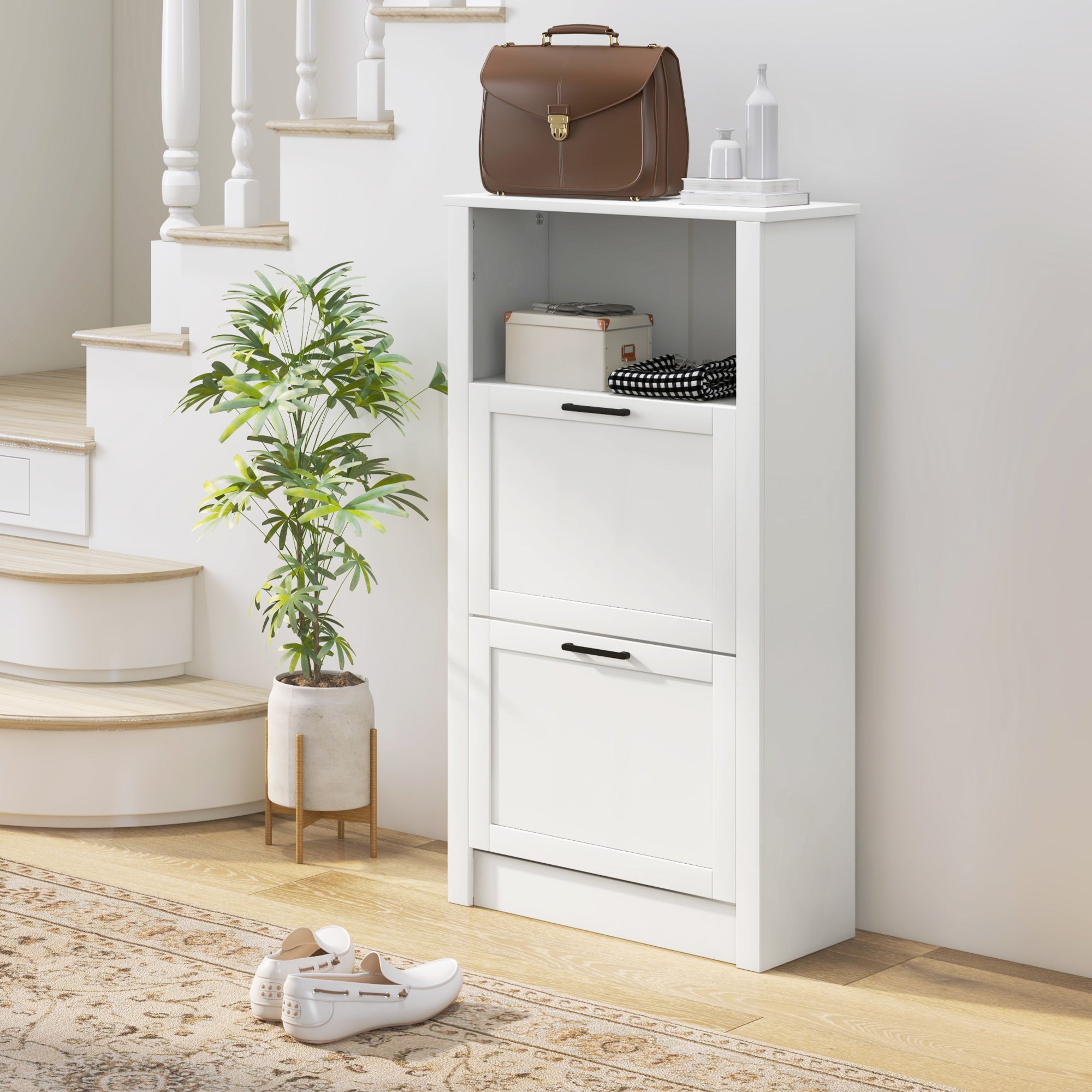 HOMCOM Modern Shoe Cabinet with 2 Flip Drawers and Adjustable Shelves, Narrow Shoe Storage Cabinet with Open Compartment, Holds 10 Pairs for Entryway, Hallway, White - North Peak Garden Furniture