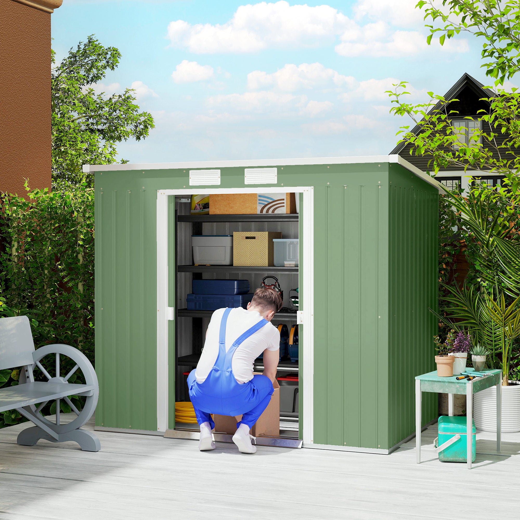 Outsunny 7 x 4ft Lean to Garden Shed with Foundation Kit, Double Door and Vents, Outdoor Metal Storage Shed for Equipment Tools, Green