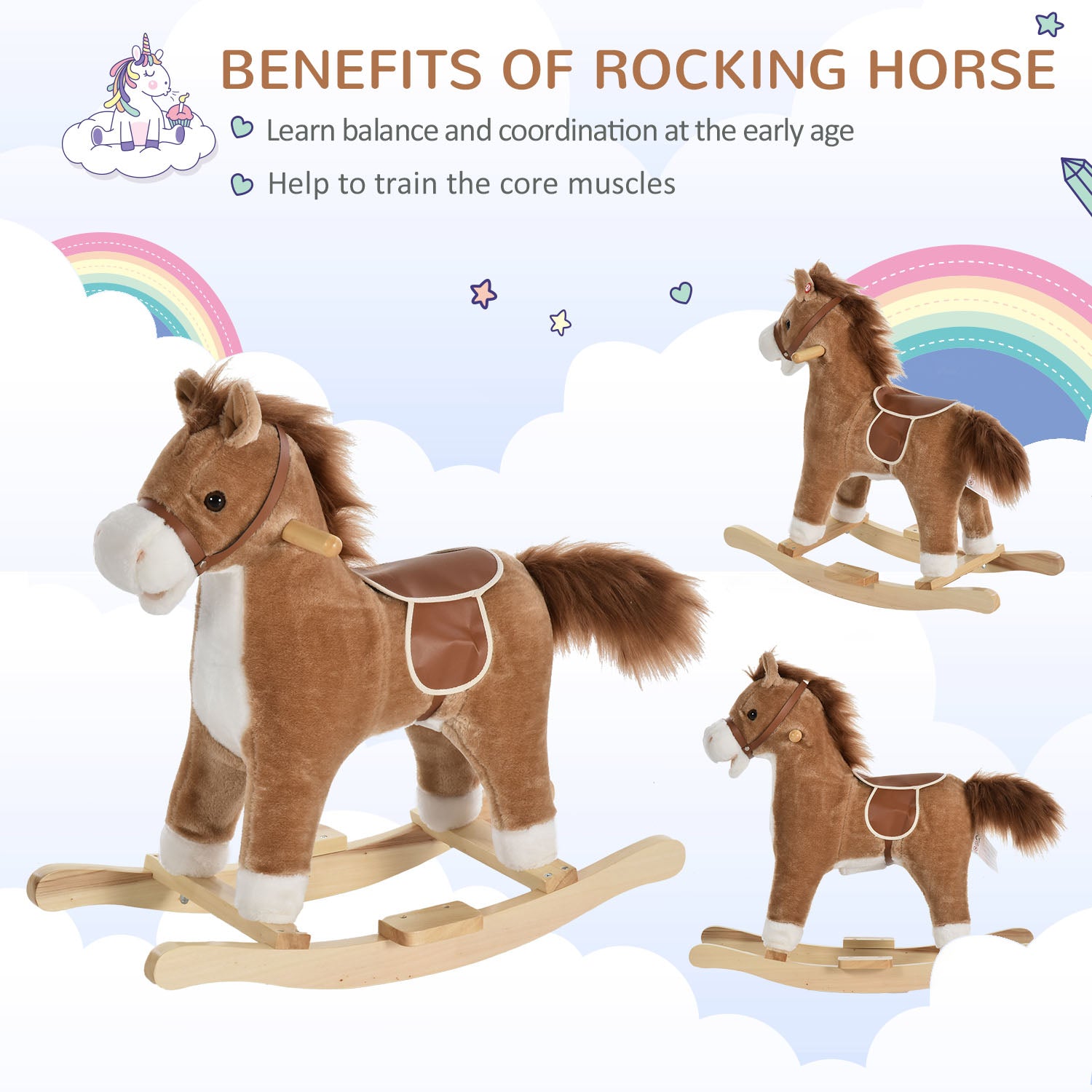 HOMCOM Kids Plush Rocking Horse w/ Sound Moving Mouth Wagging Tail Children Rocker Ride On Toy Gift 3-6 Years Brown - North Peak Garden Furniture