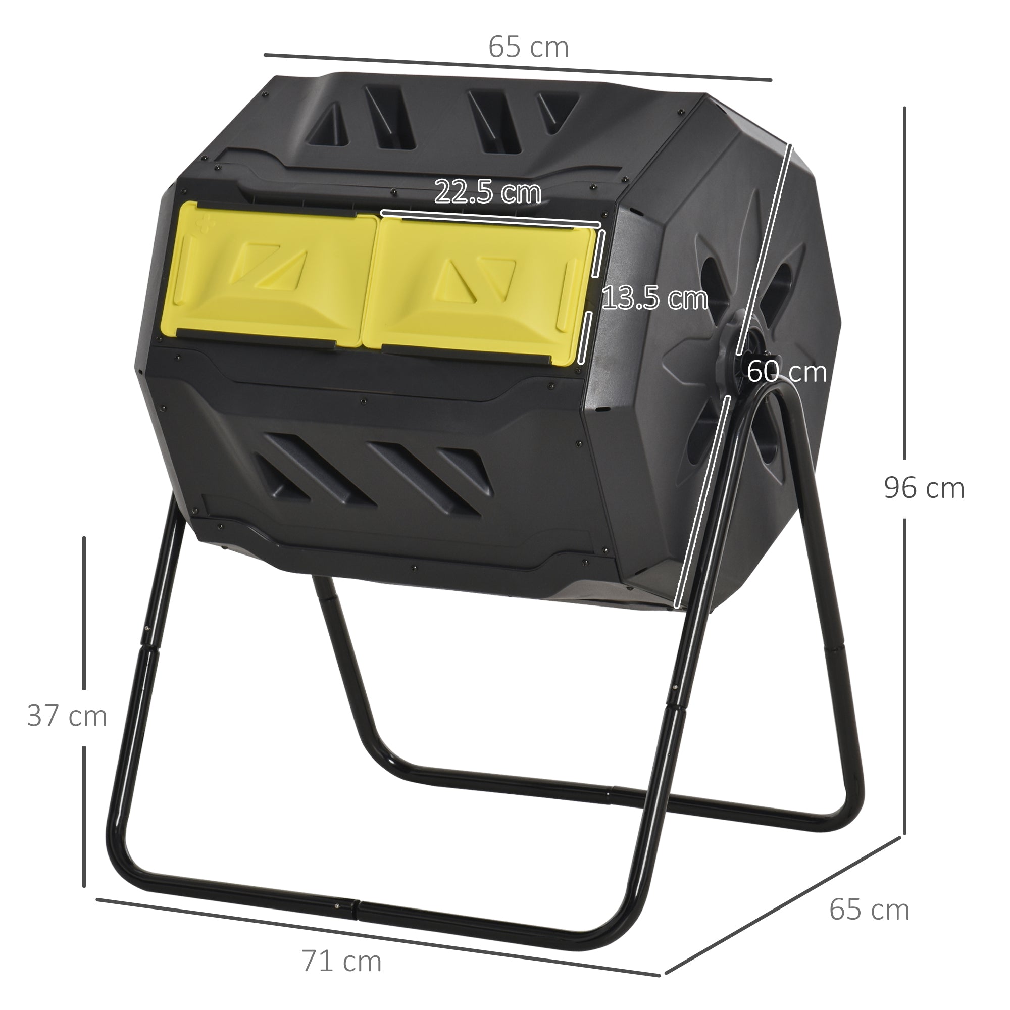 Outsunny 160L Tumbling Compost Bin Outdoor Dual Chamber 360° Rotating Composter, Garden Compost Bin w/ Sliding Doors & Solid Steel Frame, Yellow - North Peak Garden Furniture