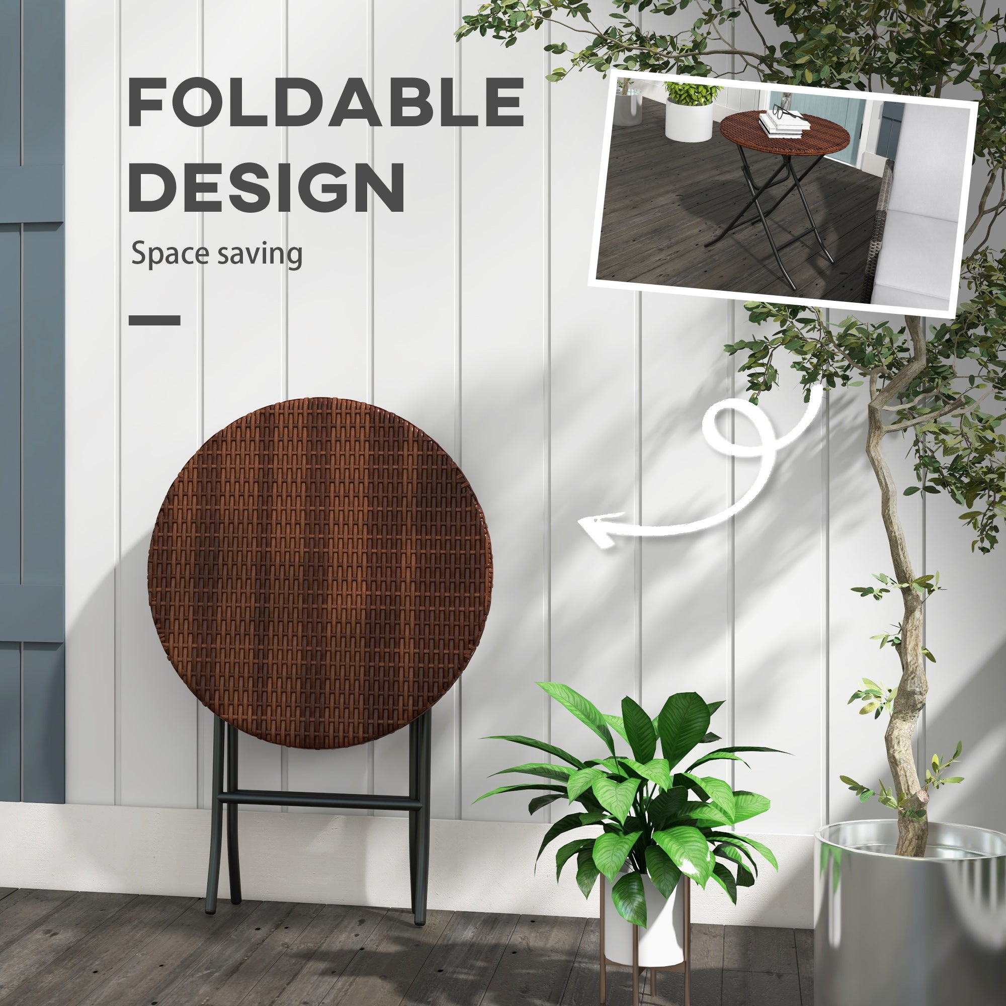 Outsunny Foldable PE Rattan Outdoor Coffee Table, Metal Frame Wicker Round Side Table, Coffee Table Side Table for Lawn, Garden, Mixed Brown - North Peak Garden Furniture