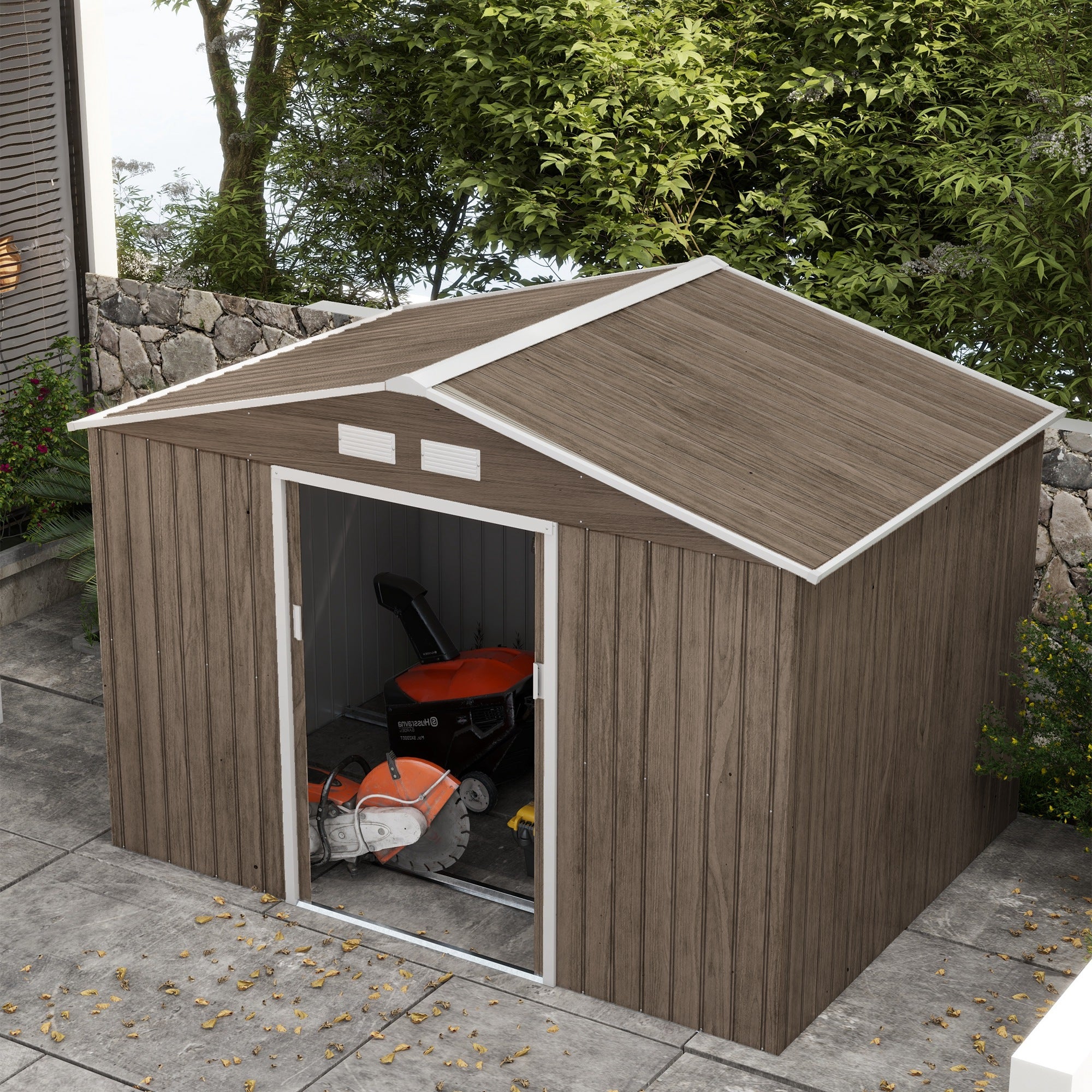 Outsunny 9 x 6ft Garden Metal Storage Shed, Outdoor Storage Tool House with Vents, Foundation and Lockable Double Doors, Brown - North Peak Garden Furniture