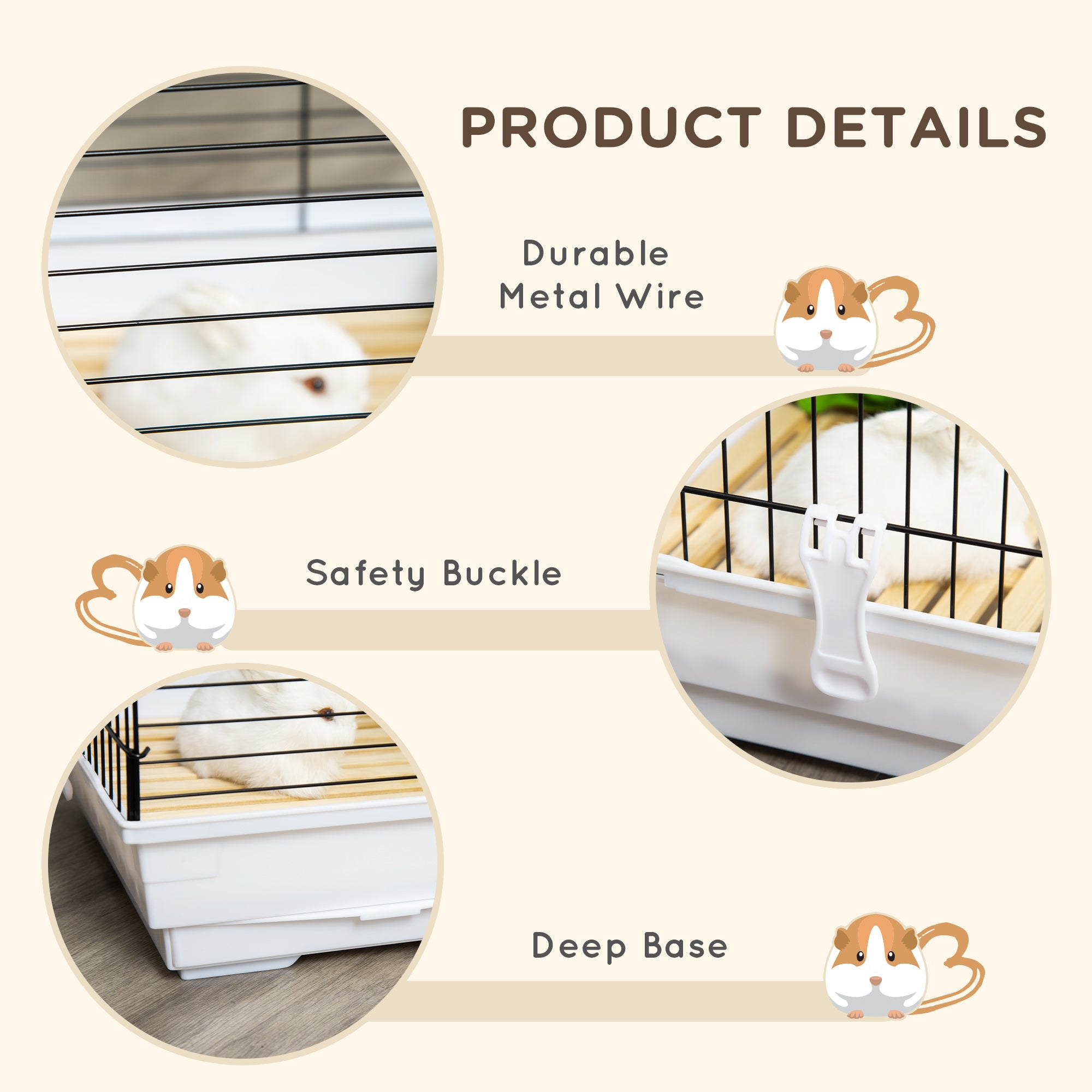 PawHut Indoor Small Animal Cage with Wood Floor, Bunny Guinea Pig House with Removable Tray, 61.5 x 38 x 40 cm, White | Aosom UK