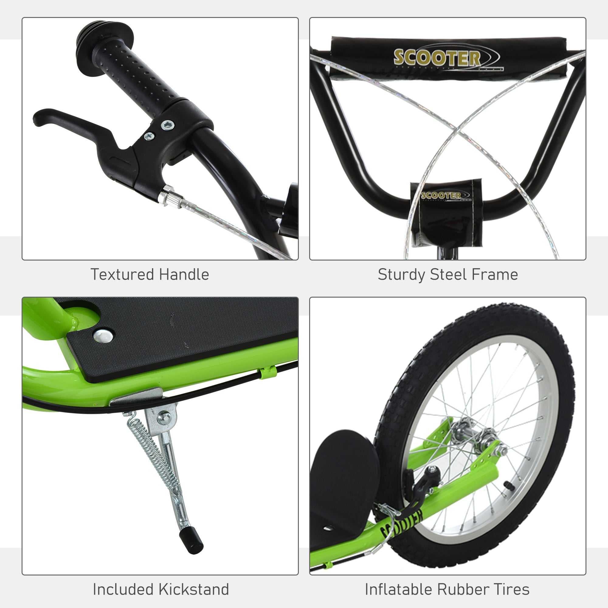 HOMCOM Kick Scooters for Kids with Adjustable Height, Anti-Slip Deck, Dual Brakes, Rubber Tyres, for Boys and Girls Aged 5+ Years Old - Green - North Peak Garden Furniture