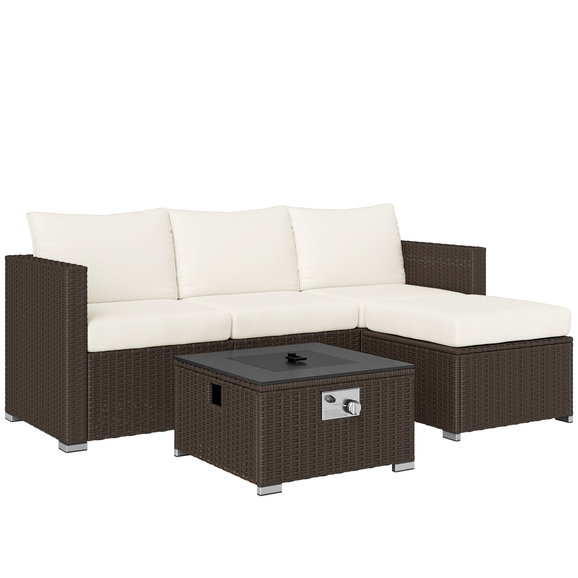 Outsunny Five Piece Rattan Garden Furniture Set with Gas Fire Pit Table and Footstool - Brown and Cream White - North Peak Garden Furniture