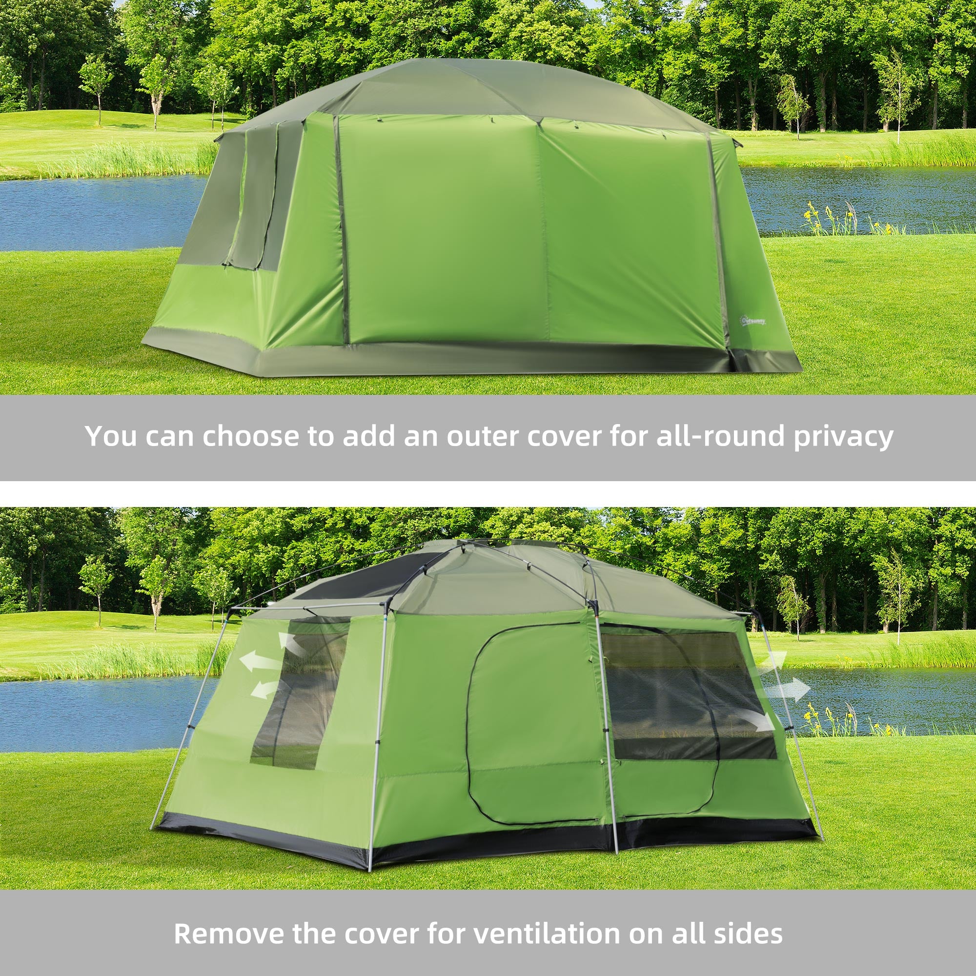 Outsunny Tunnel Tent Camping Shelter w/ Porch, Two Rooms, Lamp Hook, Portable Carry Bag