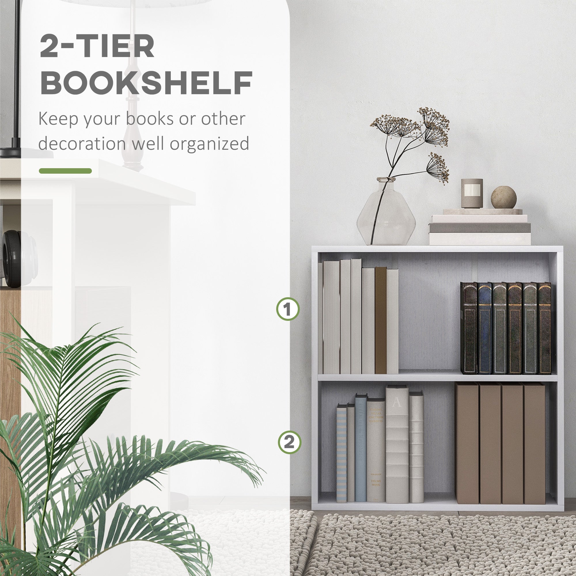 HOMCOM 2 Tier Bookshelf, Low Bookcase with Adjustable Shelf, 2 Compartments for Home Office, Living Room, Study, White - North Peak Garden Furniture