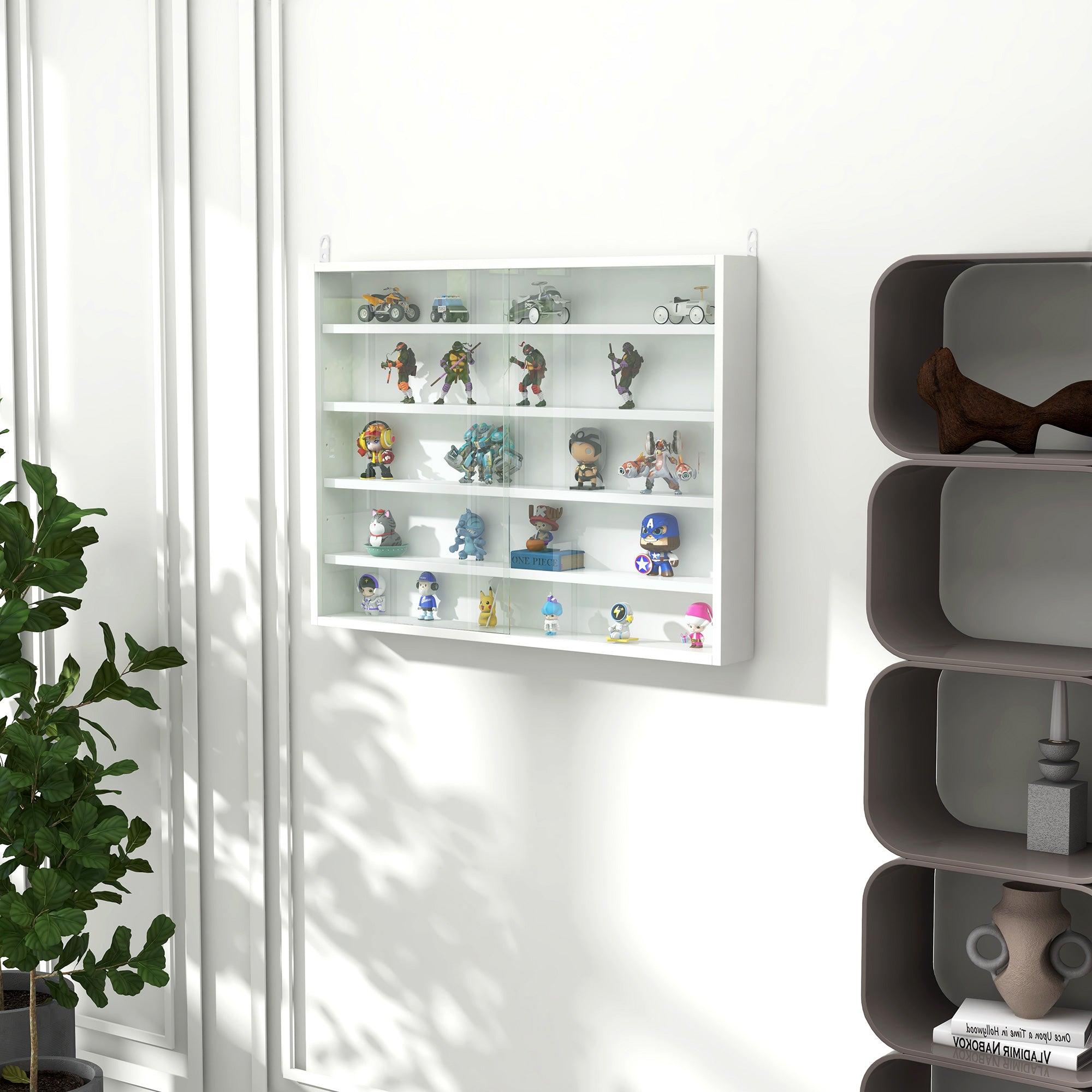 HOMCOM 5-Tier Wall Display Shelf Unit Cabinet w/ 4 Adjustable Shelves Glass Doors Home Office Ornaments 60x80cm White - North Peak Garden Furniture