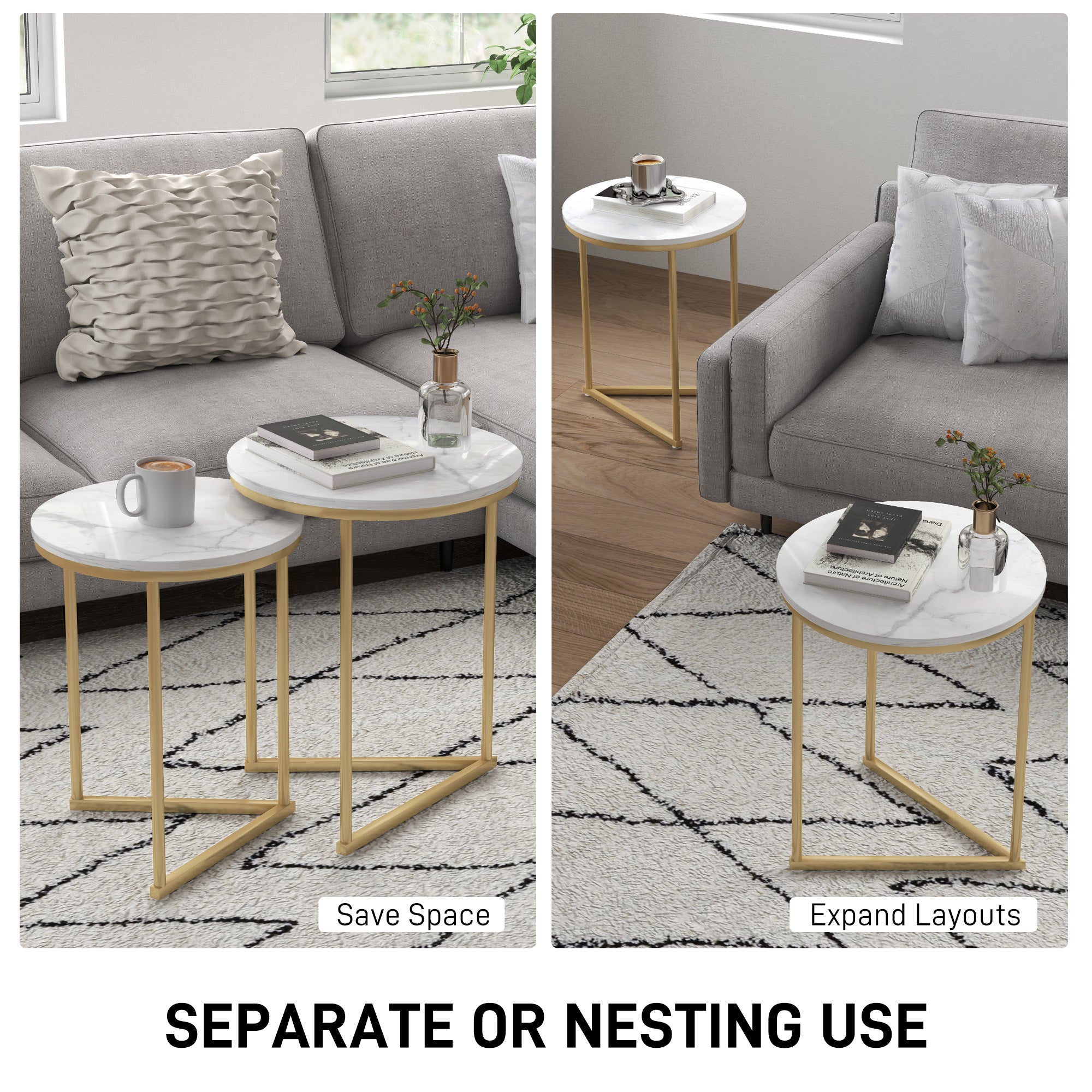 HOMCOM Set of Two Marble-Effect Nest of Tables - White/Gold-Tone - North Peak Garden Furniture