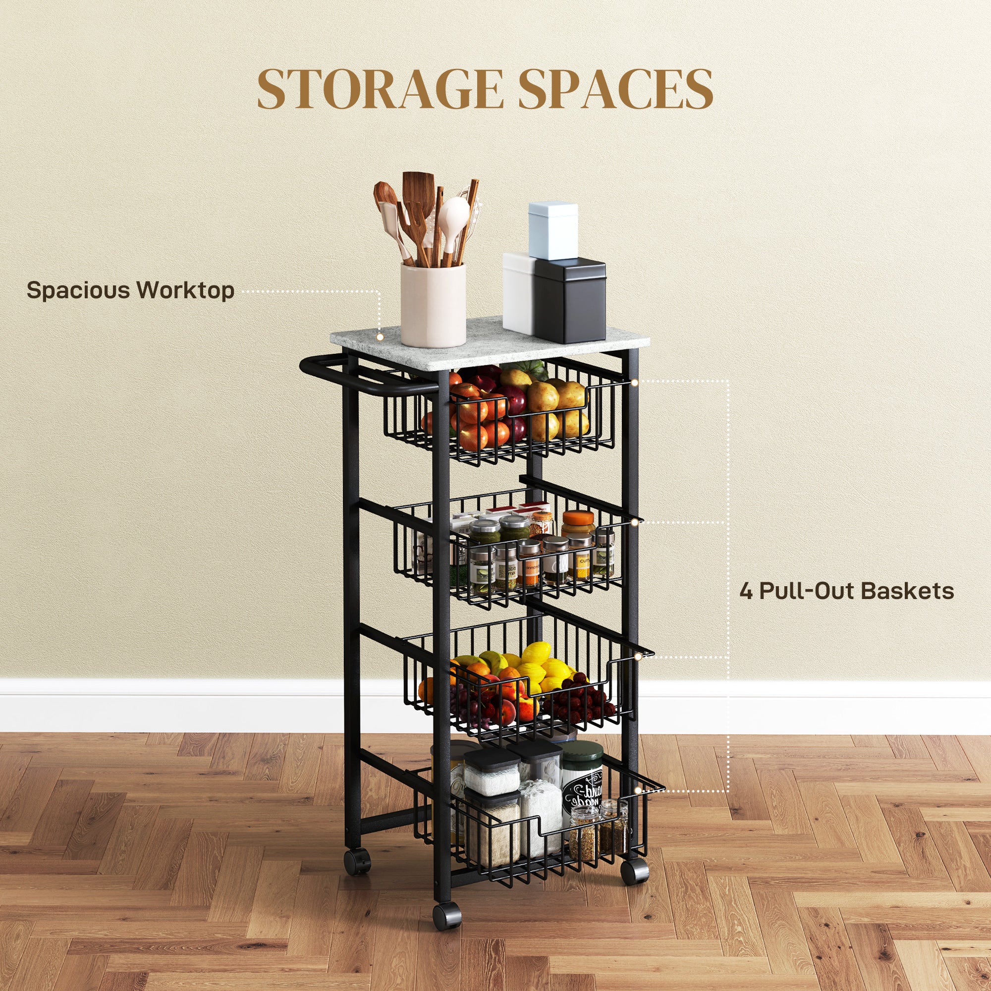 HOMCOM Four Basket Mobile Kitchen Island, with Brakes - Grey/Black - North Peak Garden Furniture