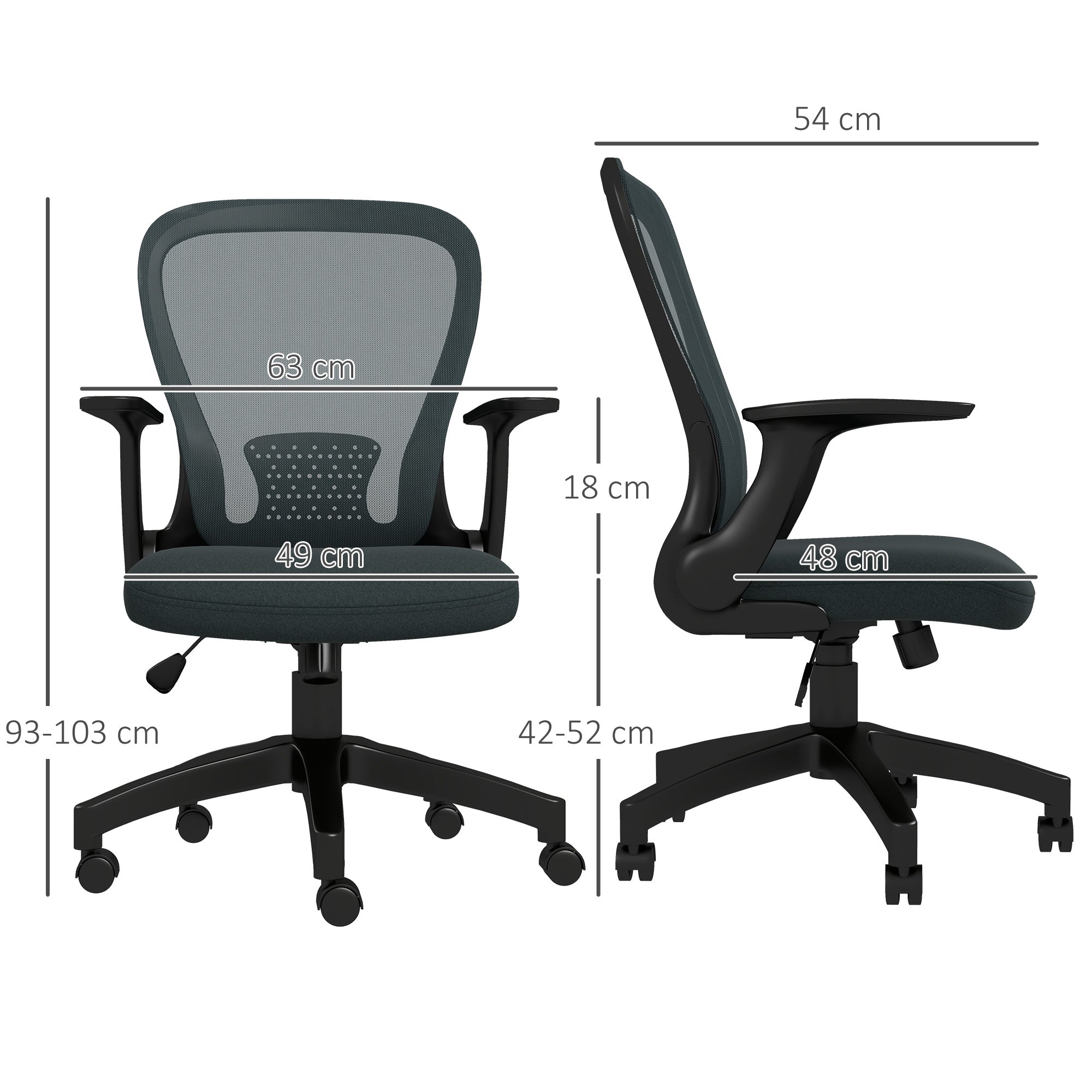 Vinsetto Ergonomic Office Chair, Mesh Desk Chair with Flip-up Armrest, Lumbar Back Support, Swivel Wheels, Grey - North Peak Garden Furniture
