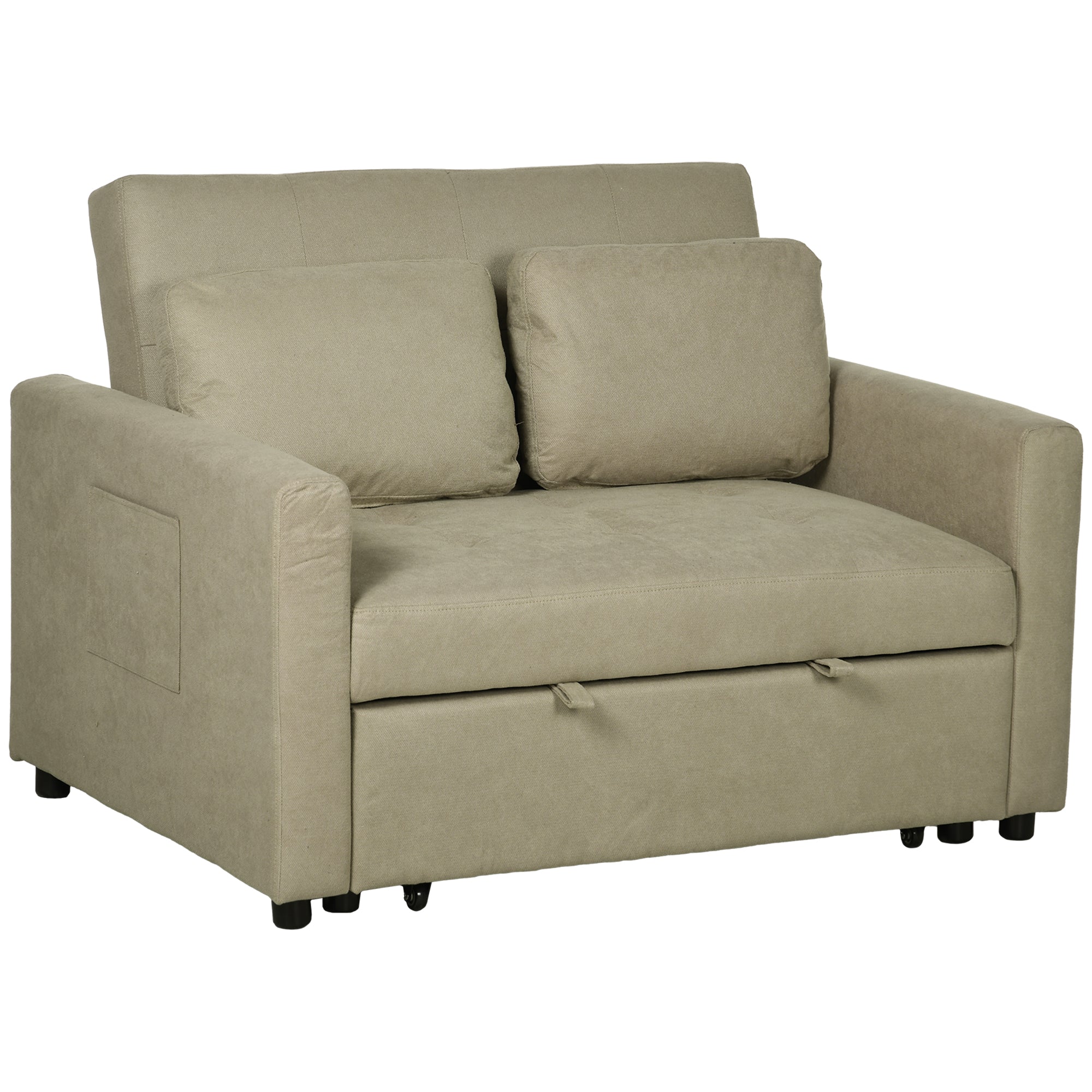 HOMCOM Loveseat Sofa Bed, Convertible Bed Settee with 2 Cushions, Side Pockets for Living Room, Light Brown - North Peak Garden Furniture