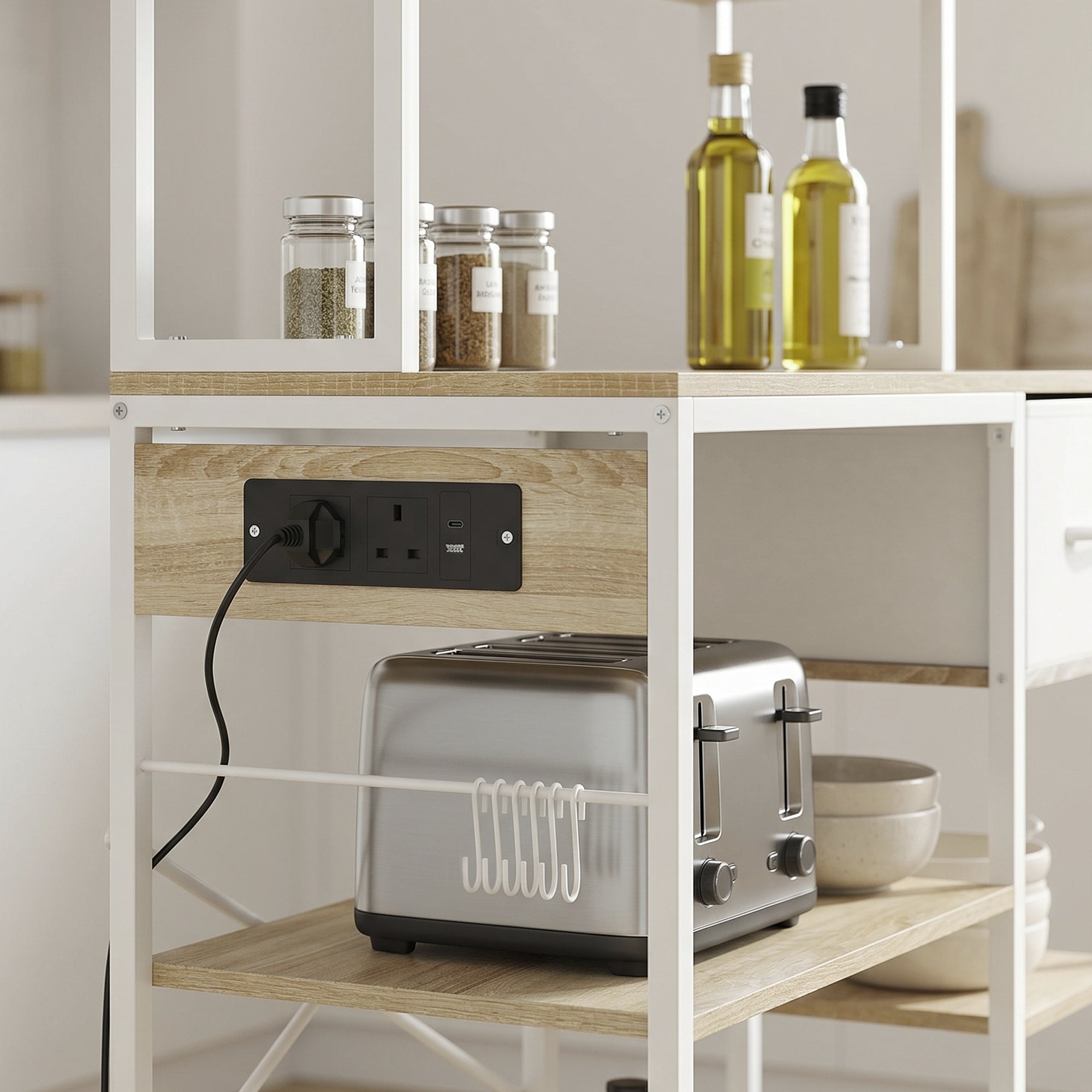 HOMCOM Kitchen Baker's Rack, Microwave Stand with Storage Shelves and 6 Hooks for Small Spaces