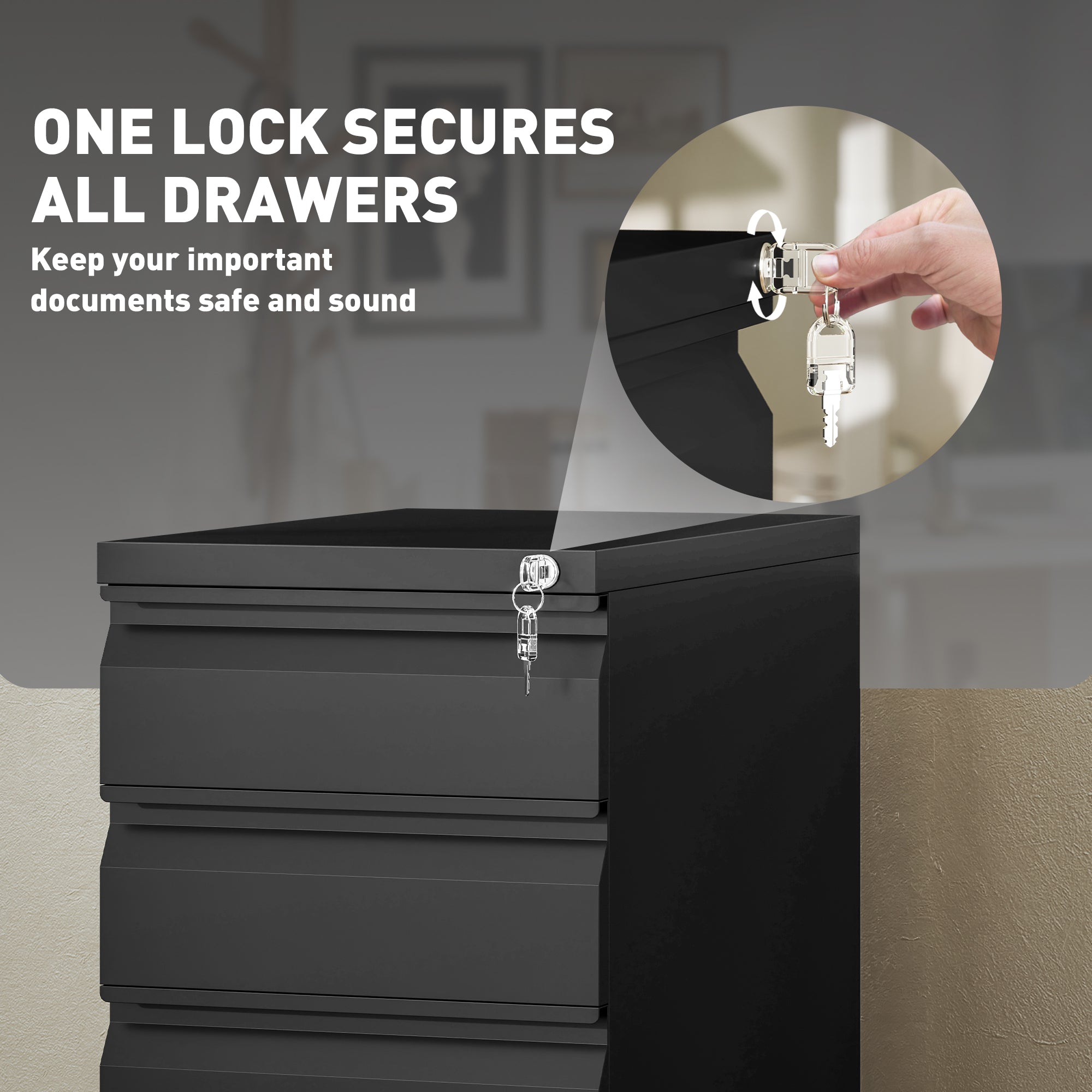 Vinsetto 3-Drawer Steel Filing Cabinet with Lock and Wheels - Black - North Peak Garden Furniture