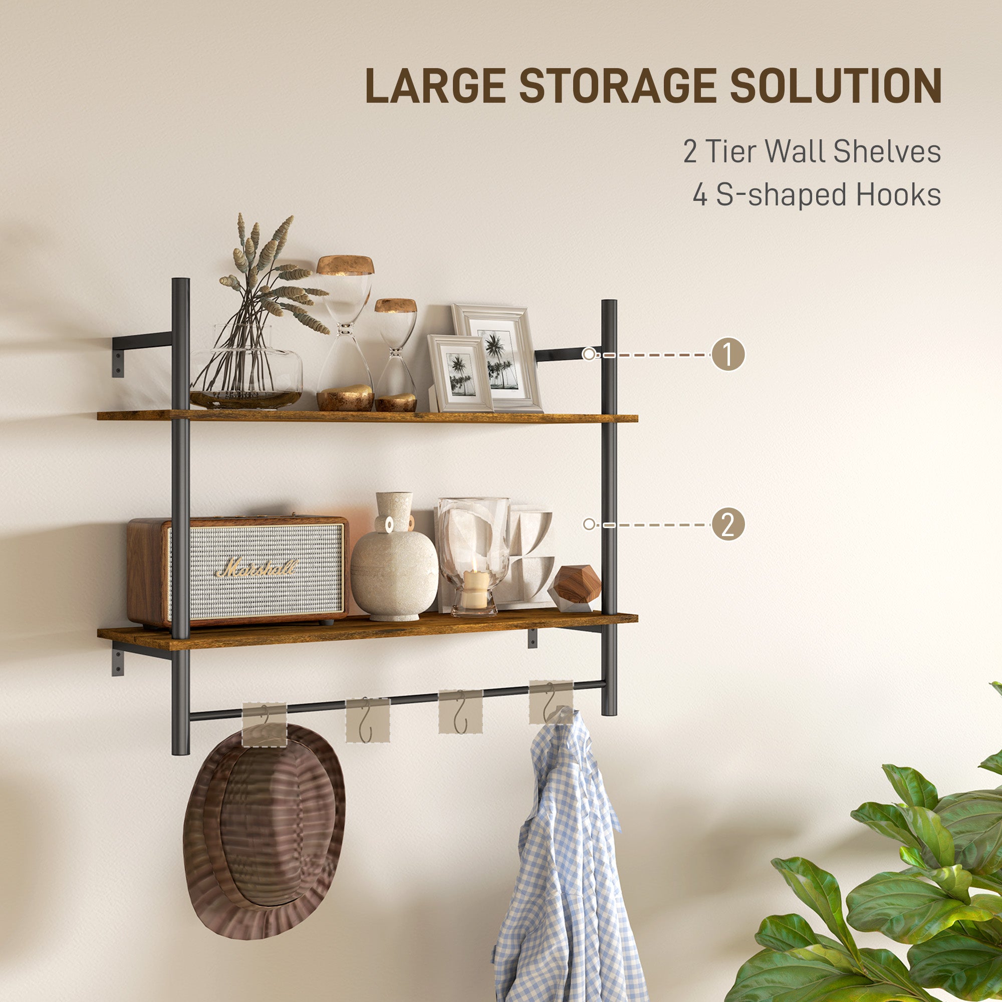 HOMCOM Wall Mounted Floating Shelves with 4 Hooks, Rustic Wall Shelf Unit for Living Room, Entryway, Rustic Brown - North Peak Garden Furniture