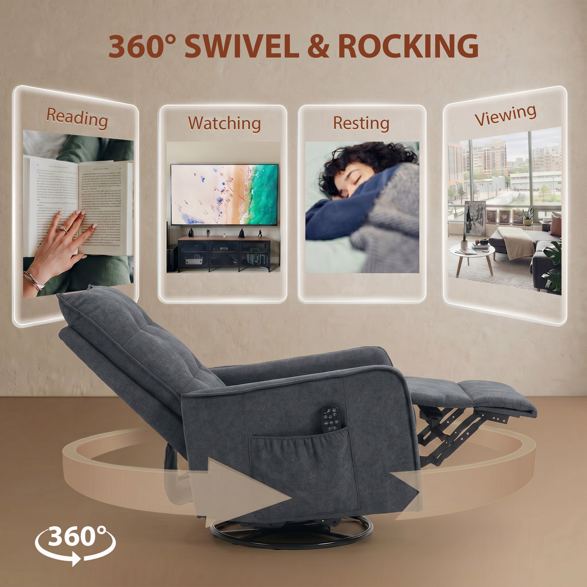 HOMCOM Recliner Armchair, Chenille Recliner Chair with Massage and Heat, 360° Swivel Rocking Manual Recliner, Dark Grey