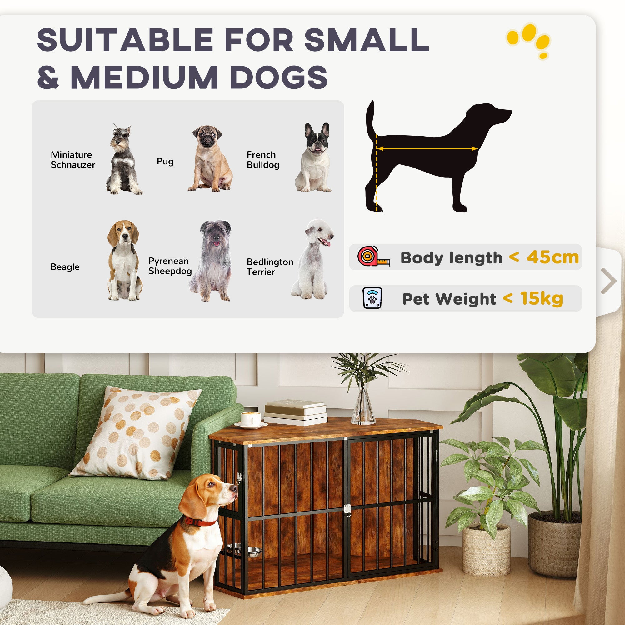 PawHut Corner Dog Crate Furniture with 2 Bowls, Lockable Doors, for Small Medium Dogs, Rustic Brown - North Peak Garden Furniture