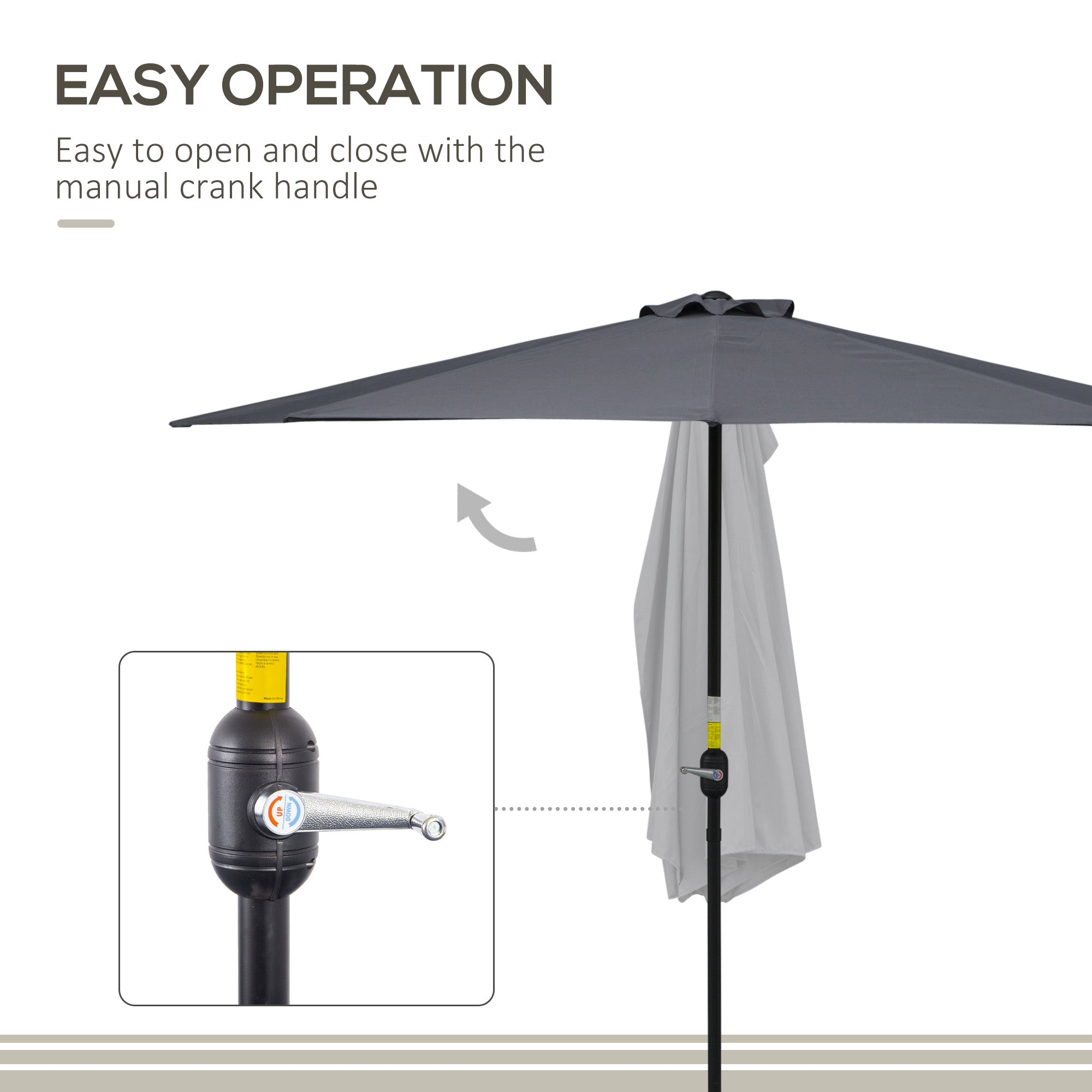 Outsunny 3(m) Half Parasol Semi Round Umbrella Patio Metal Frame Crank Handle for Balcony-- NO BASE INCLUDED, Grey - North Peak Garden Furniture