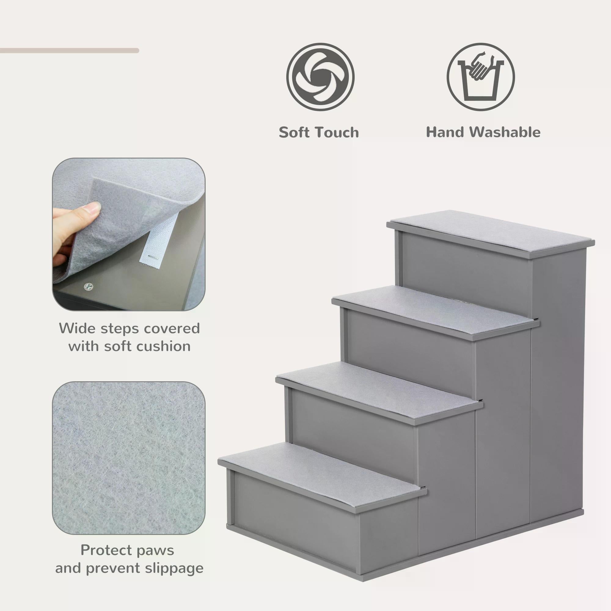 PawHut 4 Step Wooden Dog Steps Pet Stairs for Dogs, Cat Ladder for Bed Couch with Non-Slip Carpet 40 x 59 x 54.2 cm, Grey