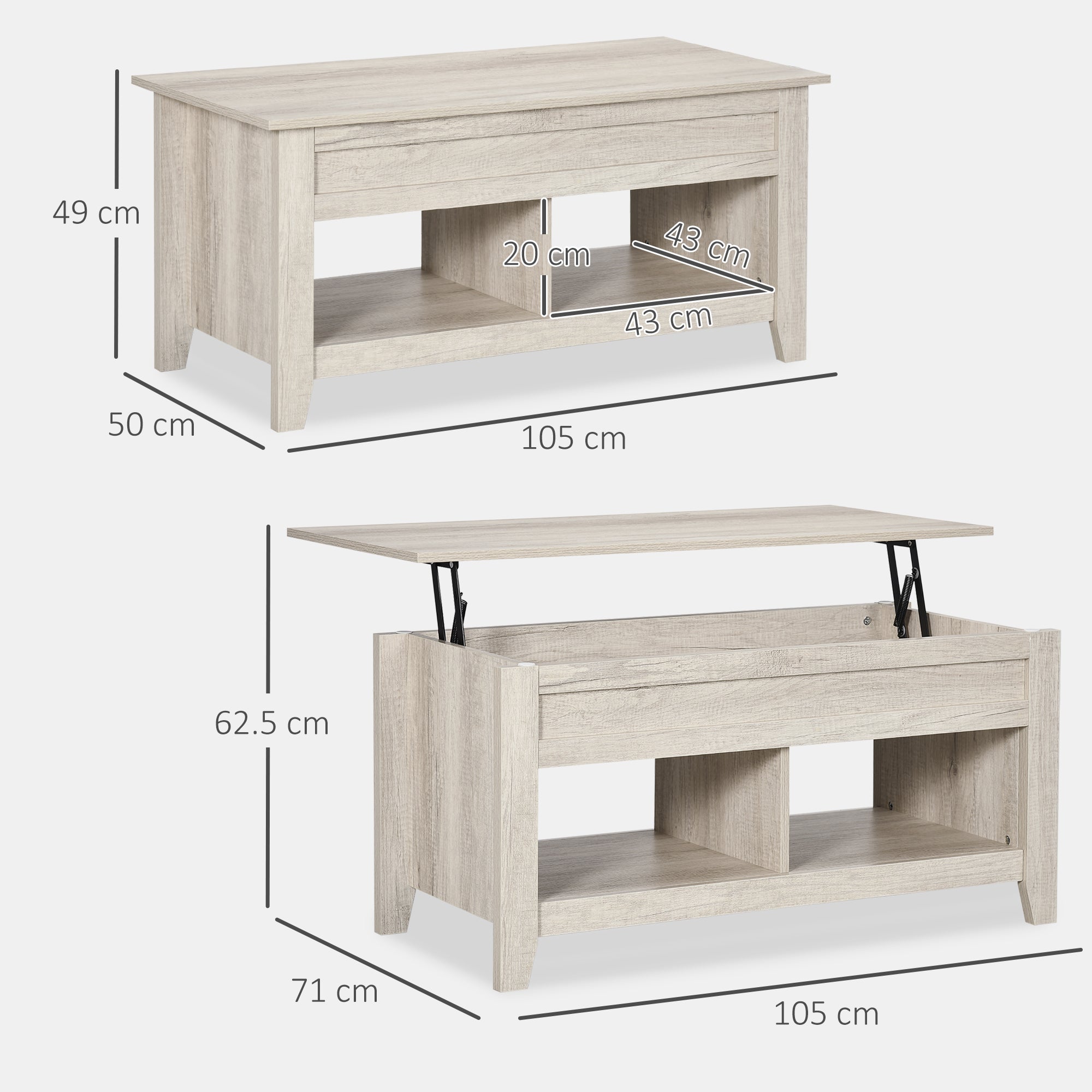 HOMCOM Lift Top Coffee Table w/ Hidden Storage Compartment Open Shelves Lift Tabletop Pop Up Centre Table for Living Room Oak Effect