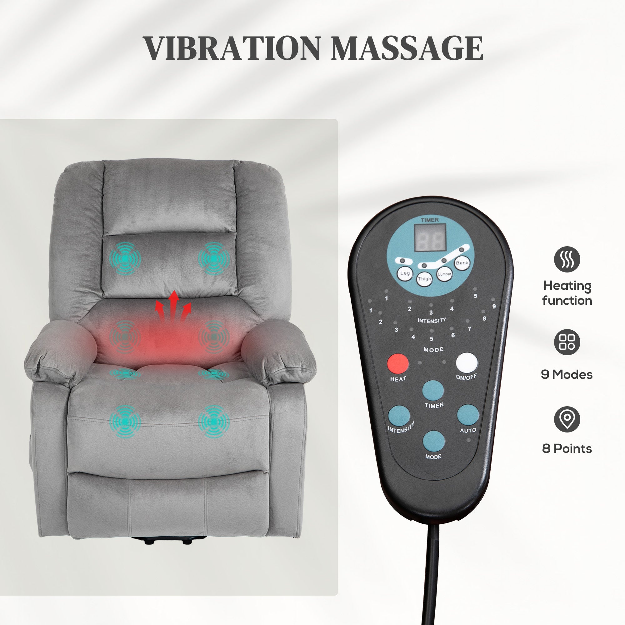 HOMCOM Velvet-Feel Electric Lift-and-Recline Massage Armchair, with Remote - Grey - North Peak Garden Furniture