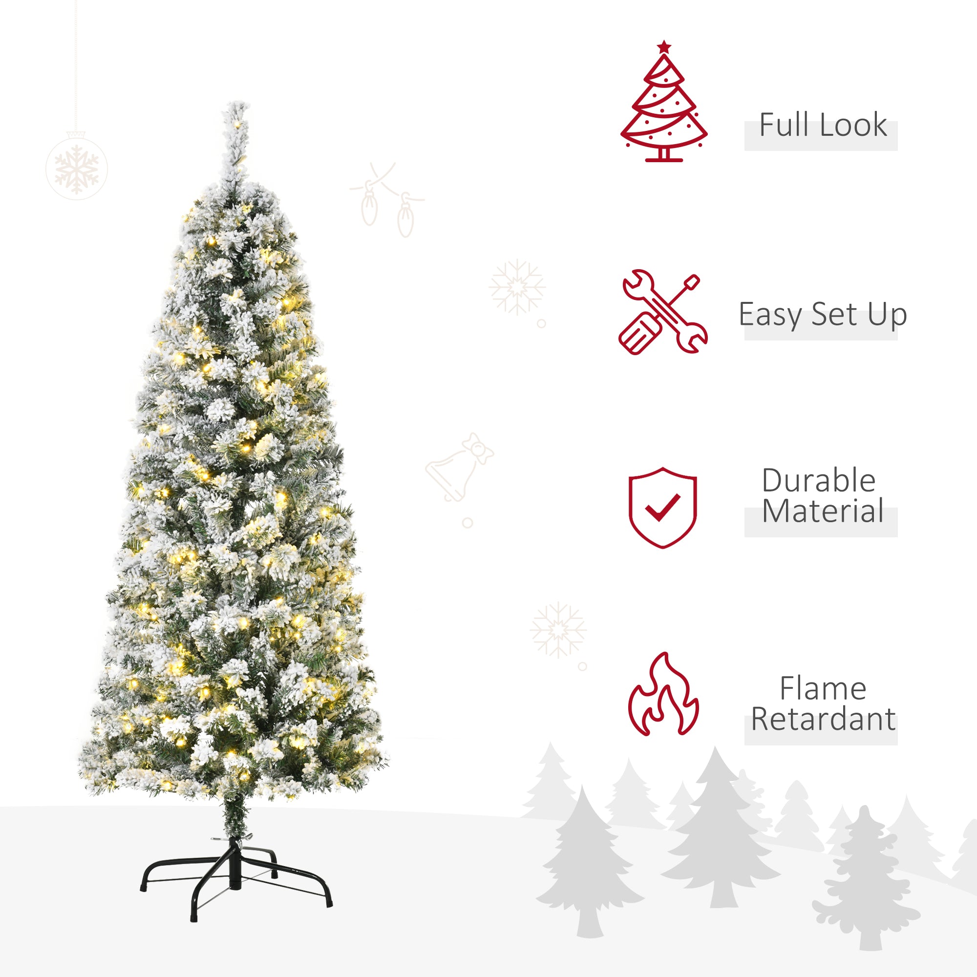 HOMCOM 5FT Prelit Artificial Snow Flocked Christmas Tree with Warm White LED Light, Holiday Home Xmas Decoration, Green White - North Peak Garden Furniture