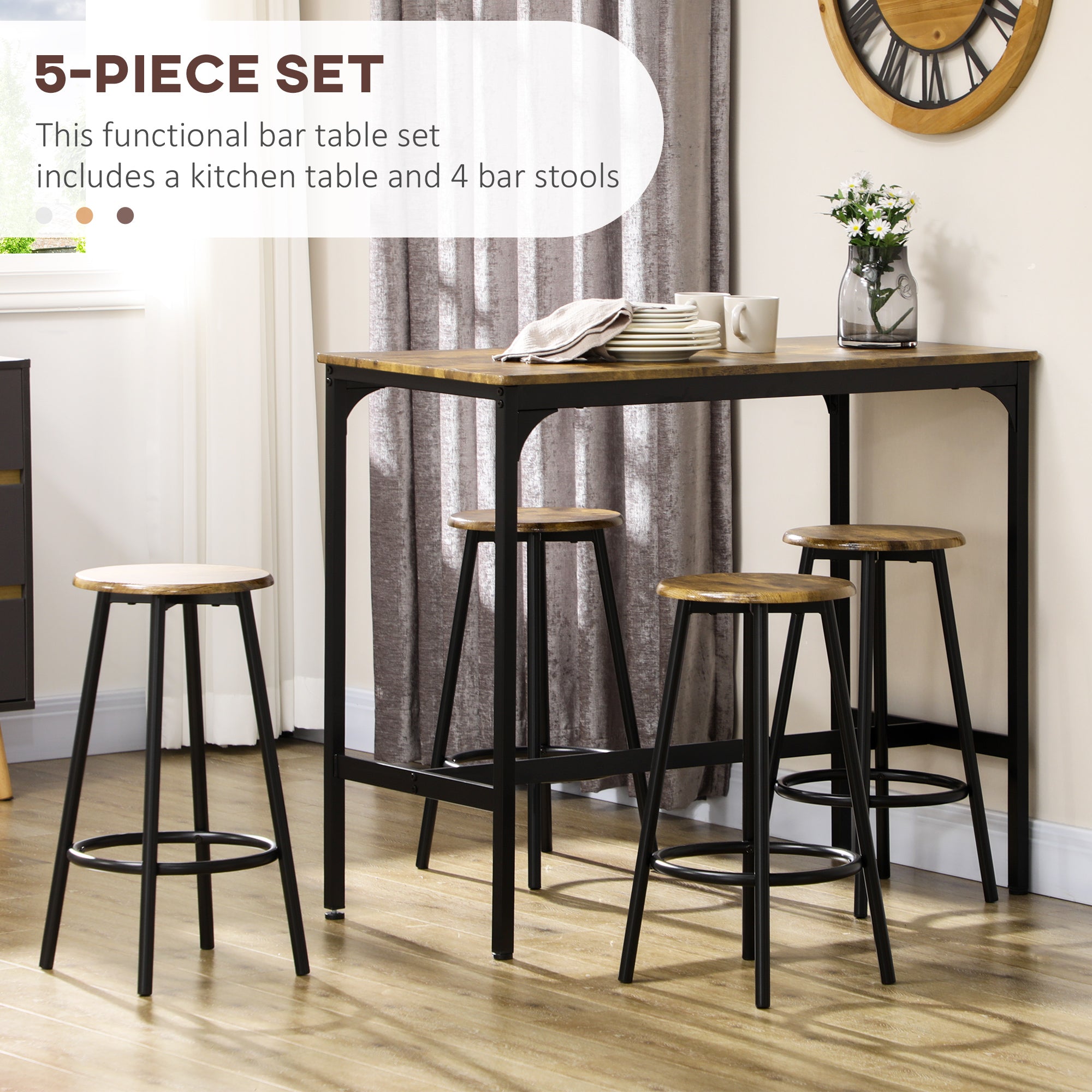 HOMCOM Five-Piece Industrial-Style Bar Table Set - Brown/Black - North Peak Garden Furniture