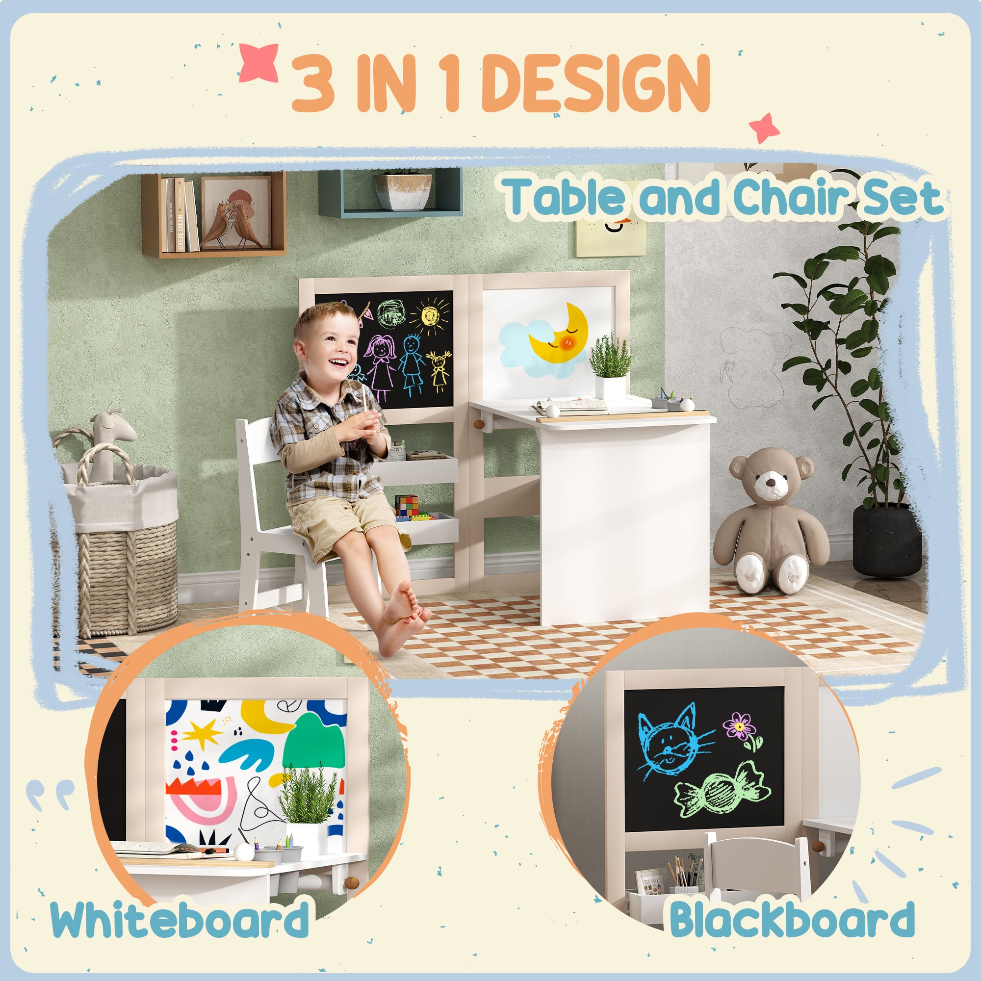 AIYAPLAY 3 in 1 Kids Table and Chair Set with Storage, Whiteboard, Blackboard & Roll Paper for 3-8 Years, White