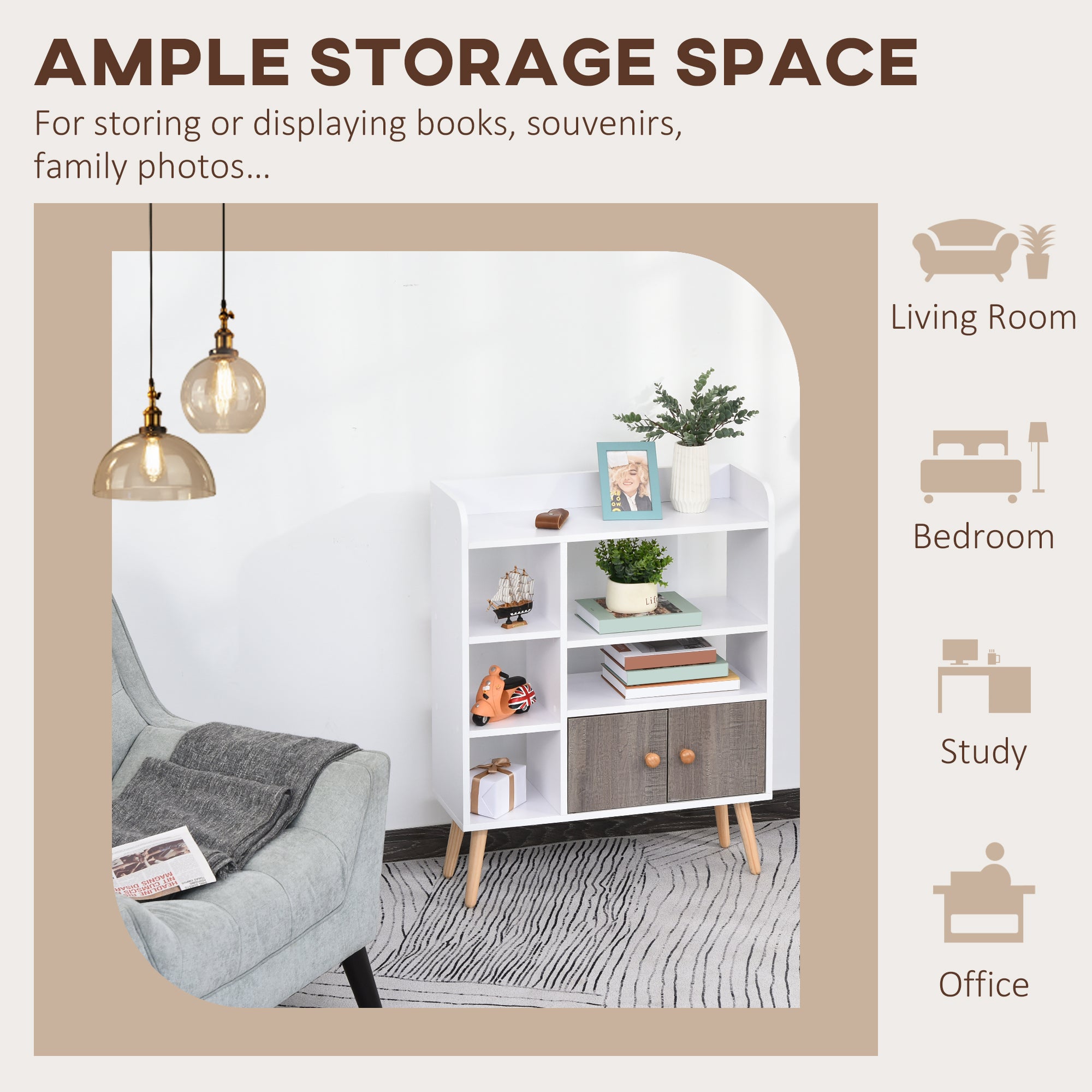 HOMCOM Multi-Shelf Modern Bookcase Freestanding Storage w/ Cabinet 6 Shelves Wood Legs Home Office Display Furniture Stylish White - North Peak Garden Furniture