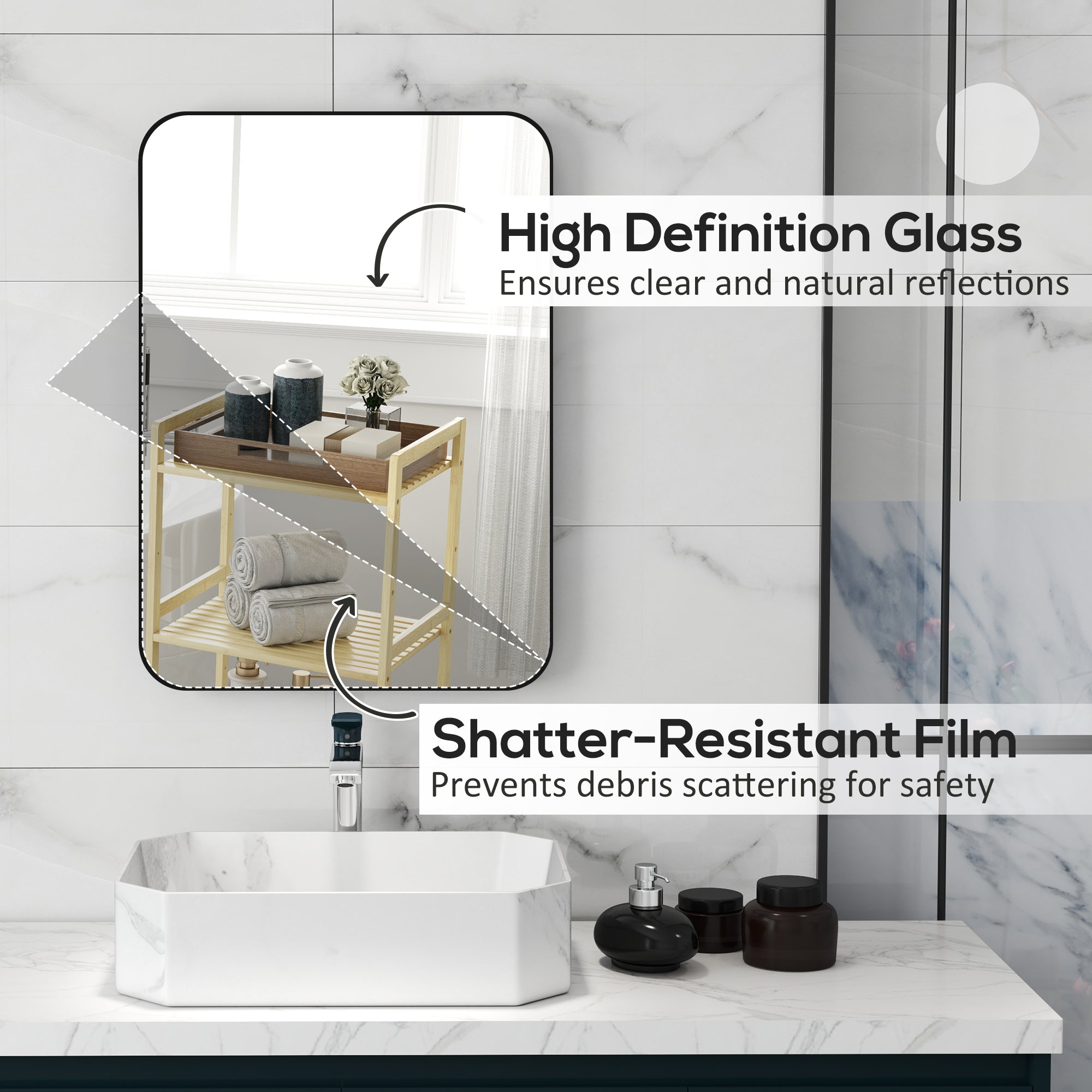 HOMCOM 70 x 50cm Curved Bathroom Mirror - Black - North Peak Garden Furniture