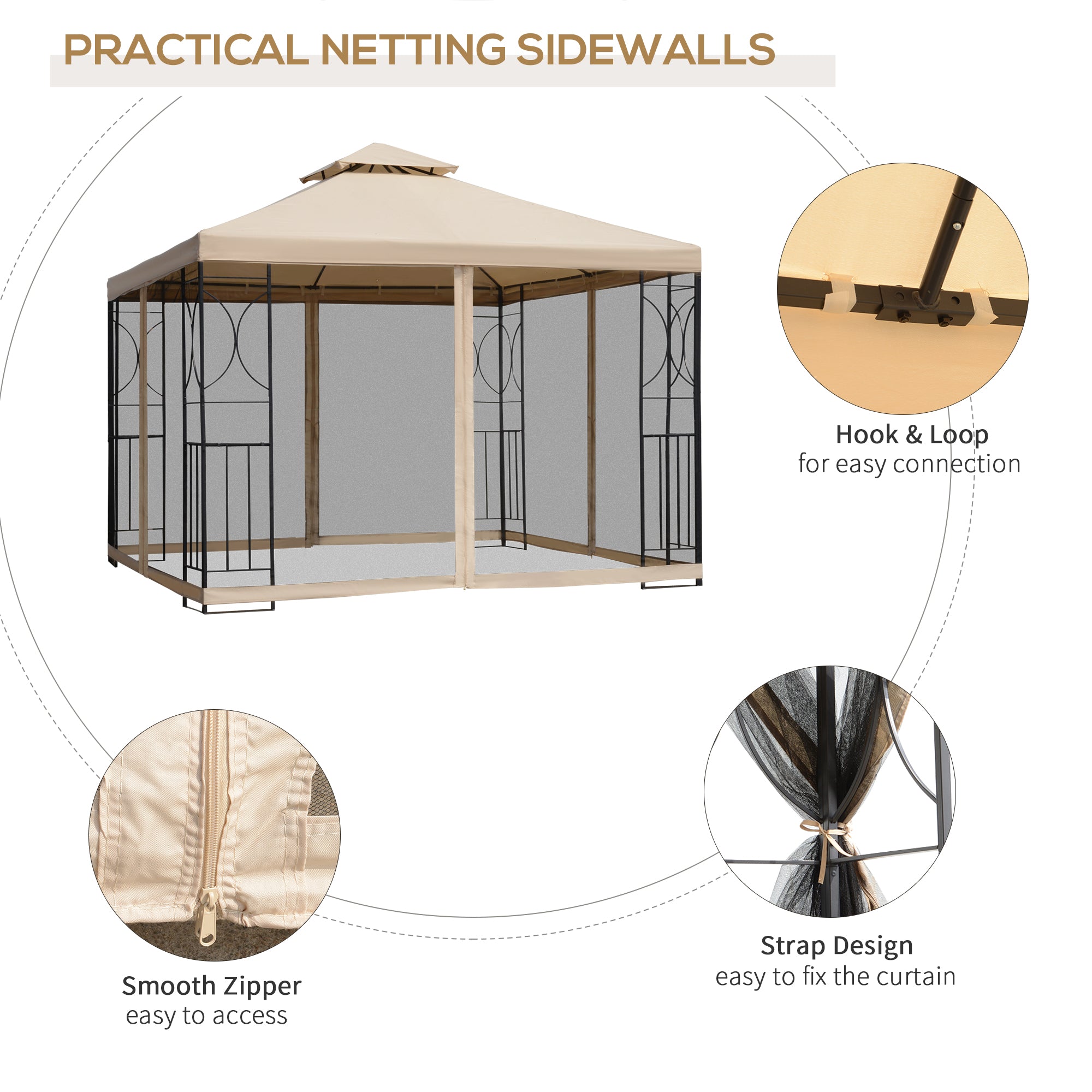 Outsunny 3(m) x 3(m) Garden Gazebo, Double Roof Outdoor Gazebo Canopy Shelter with Netting, Solid Steel Frame for Garden, Lawn, Backyard and Deck - North Peak Garden Furniture