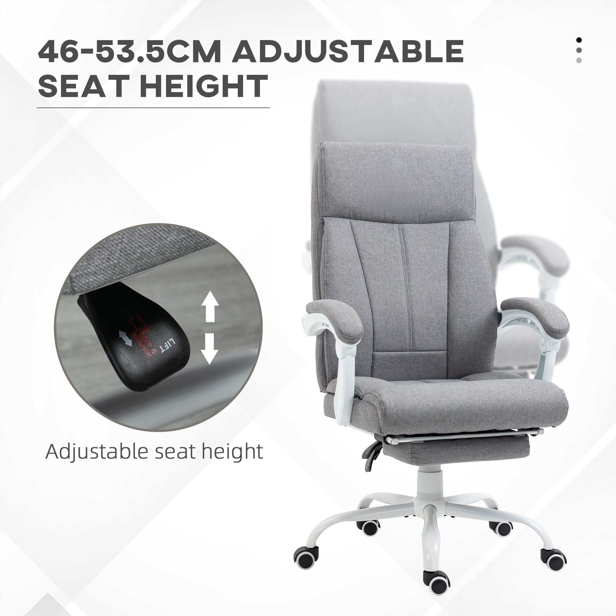 Vinsetto Office Chair, Ergonomic Desk Chair, Fabric Work Study Chair with 155° Reclining Back and Footrest, Adjustable Height and Swivel Wheels, Grey - North Peak Garden Furniture