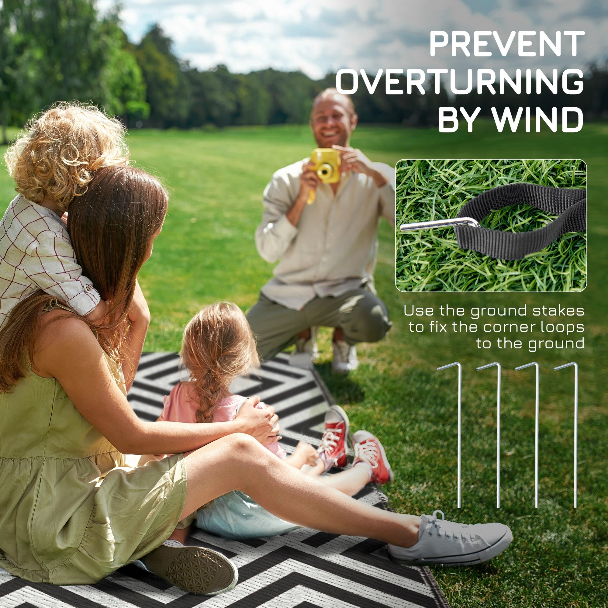 Outsunny Reversible Outdoor Rug, Plastic Straw Mat w/ Carry Bag Ground Stakes for Garden RV Picnic Beach Camping 182x274cm Black - North Peak Garden Furniture
