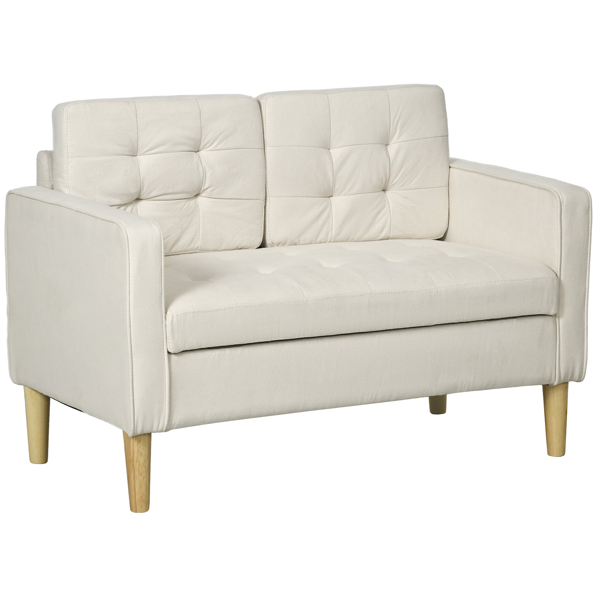 HOMCOM Modern Loveseat Sofa, Compact 2 Seater Sofa with Hidden Storage, 117cm Tufted Cotton Couch with Wood Legs, Cream White - North Peak Garden Furniture
