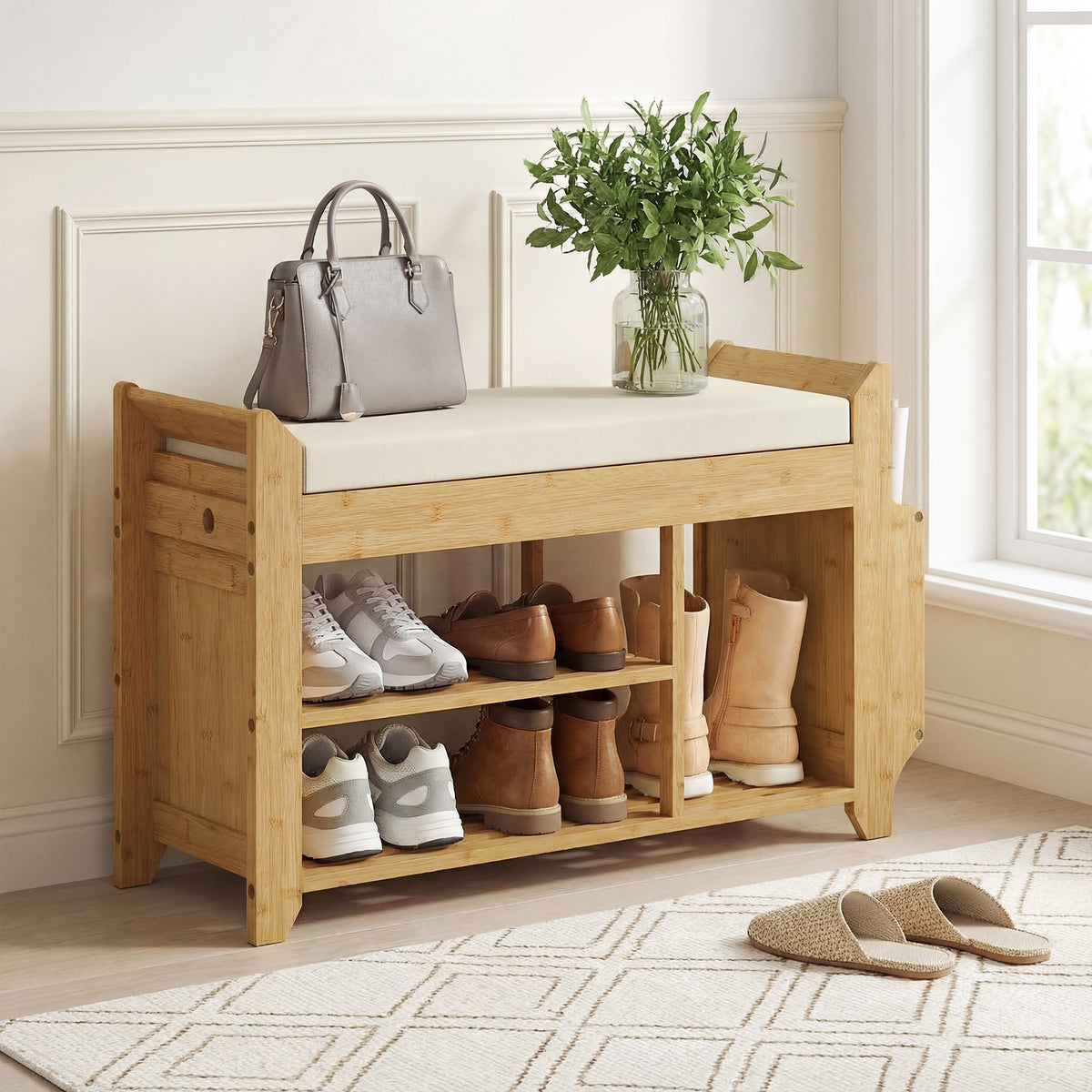 HOMCOM Shoe Bench 2-Tier Boot Section Entryway Storage Bench Cushioned Seat 80 x 30 x 50 cm Natural and Cream