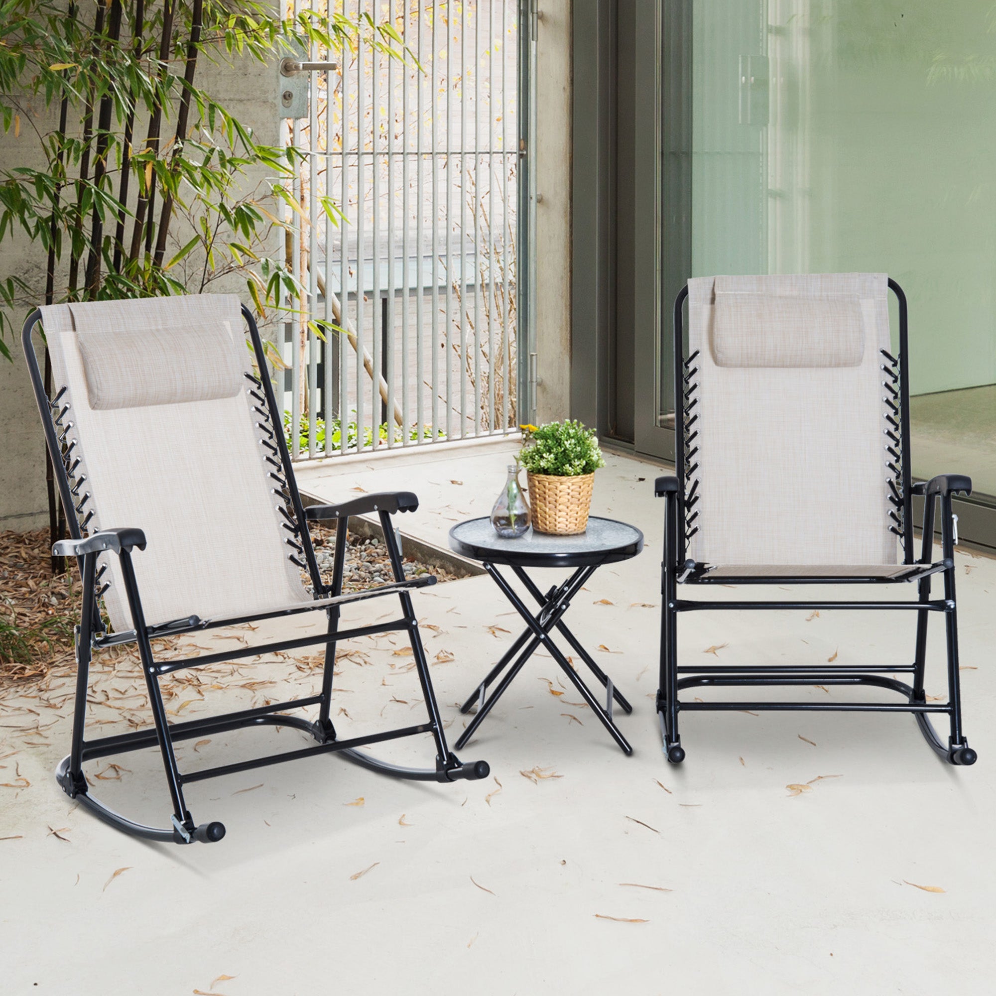 Outsunny 3 Piece Outdoor Rocking Set with 2 Folding Chairs and 1 Tempered Glass Table, Patio Bistro Set for Garden, Deck, Beige - North Peak Garden Furniture