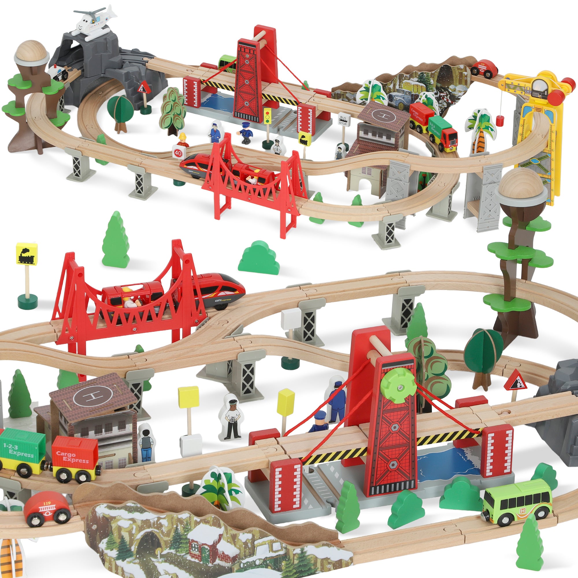 AIYAPLAY 100 Piece Wooden Train Set for Kids 3+ Years with Track, Crane, Battery Operated Train