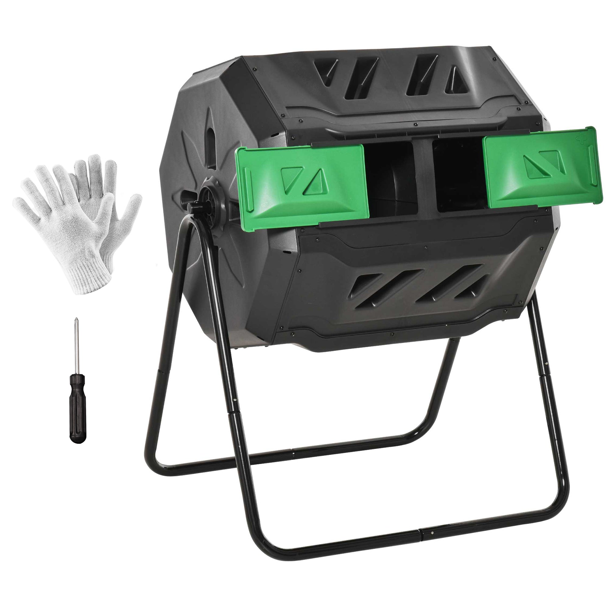 Outsunny 160L Tumbling Compost Bin Outdoor Dual Chamber 360° Rotating Composter, Garden Compost Bin w/ Sliding Doors & Solid Steel Frame, Black