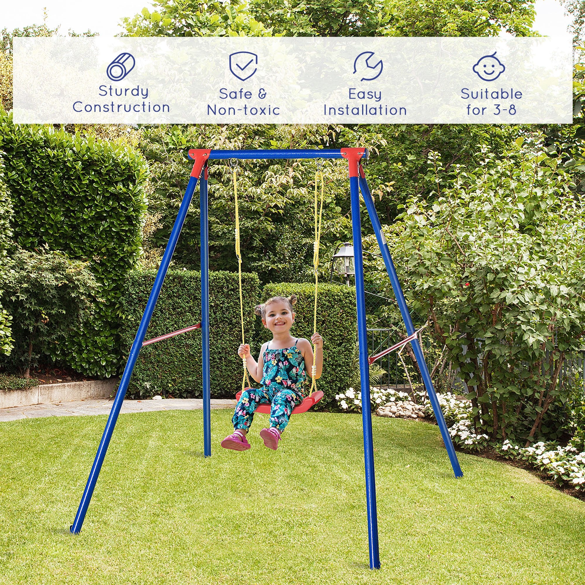 Outsunny Kids Swing Set Toddler Swing Adjustable Rope Heavy Duty A-Frame Stand Outdoor Playset for 3-8 Years Old Blue - North Peak Garden Furniture