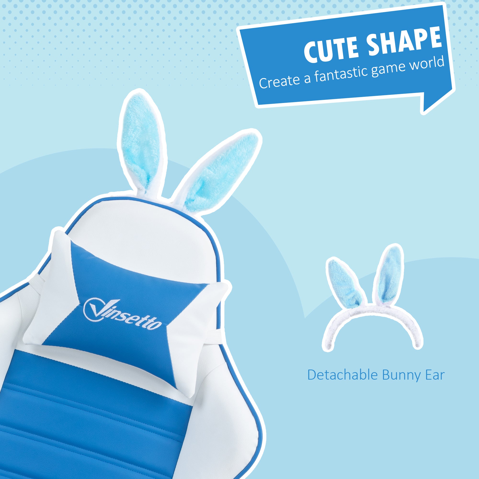 Vinsetto Racing Gaming Chair, Reclining PU Leather Computer Chair with Removable Rabbit Ears, Footrest and Lumber Support, Blue - North Peak Garden Furniture