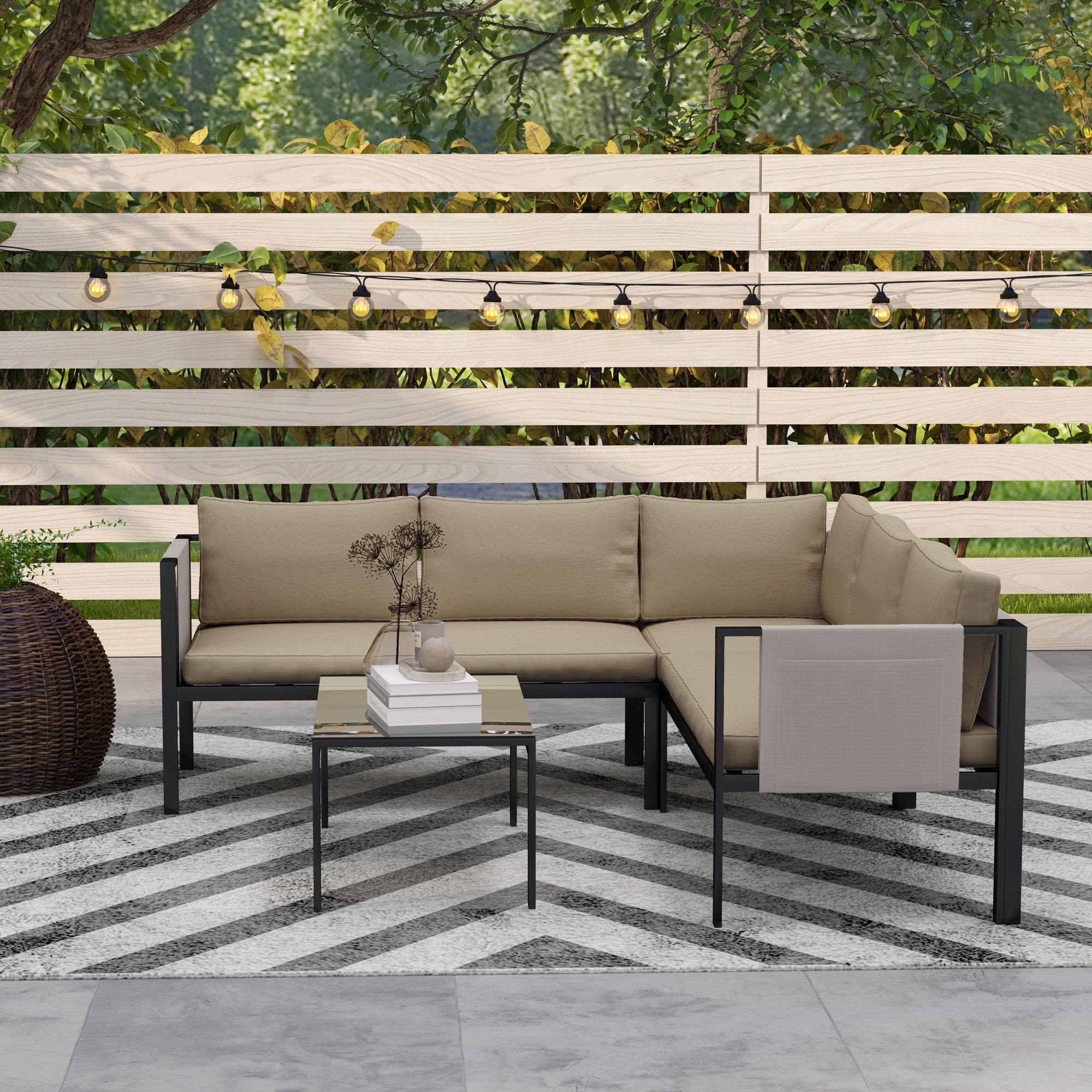 Outsunny 5 Seater Garden Corner Sofa Set, 4 Pieces Metal Garden Furniture Set with Loveseats, Glass Top Coffee Table, Breathable Mesh Pocket, Outdoor Conversation Furniture with Cushions, Khaki - North Peak Garden Furniture