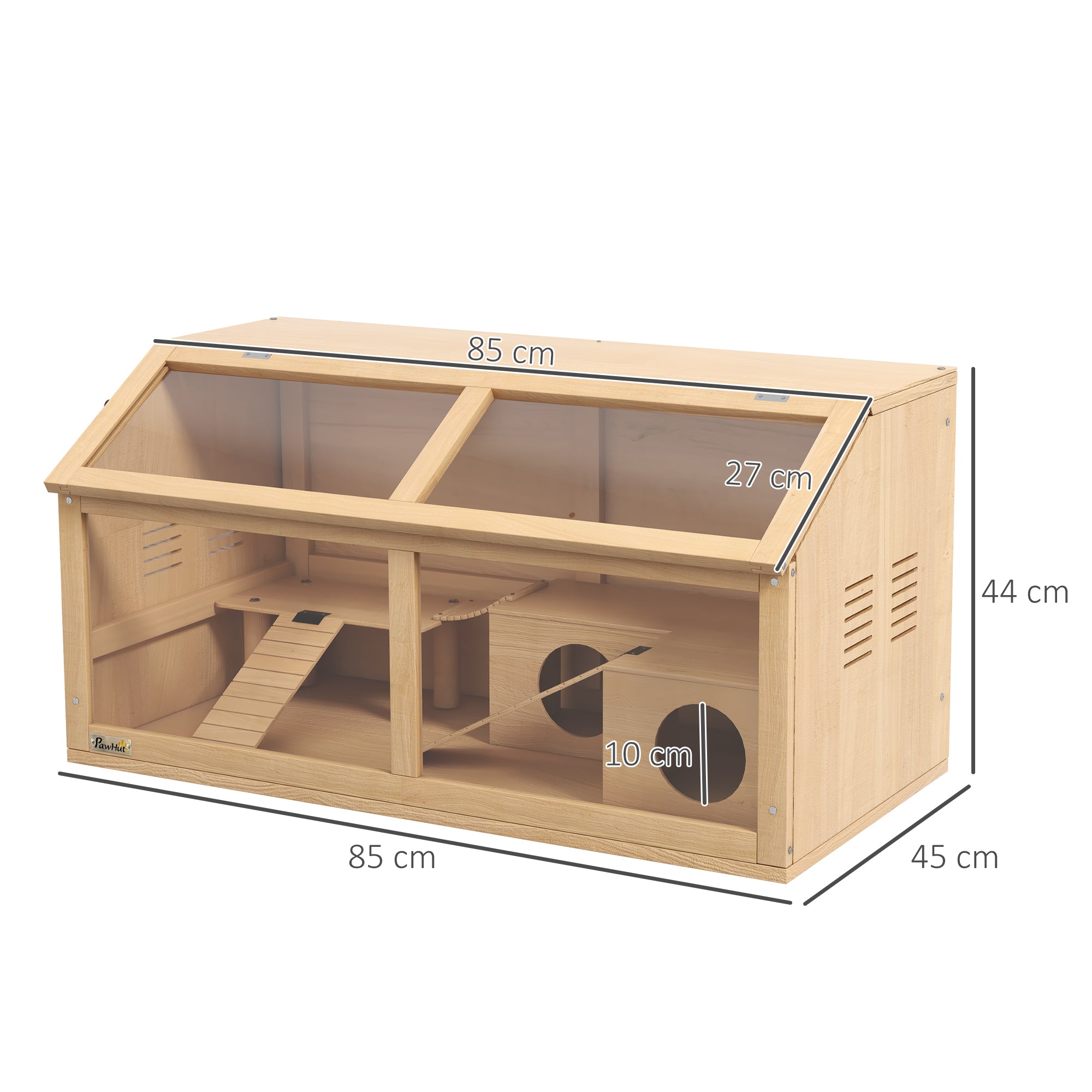 PawHut Hamster Cage, Wooden Small Animal Cage for Gerbils, Mice w/ Suspension Bridge, Openable Top, Hut, 85 x 45 x 44cm Nature - North Peak Garden Furniture