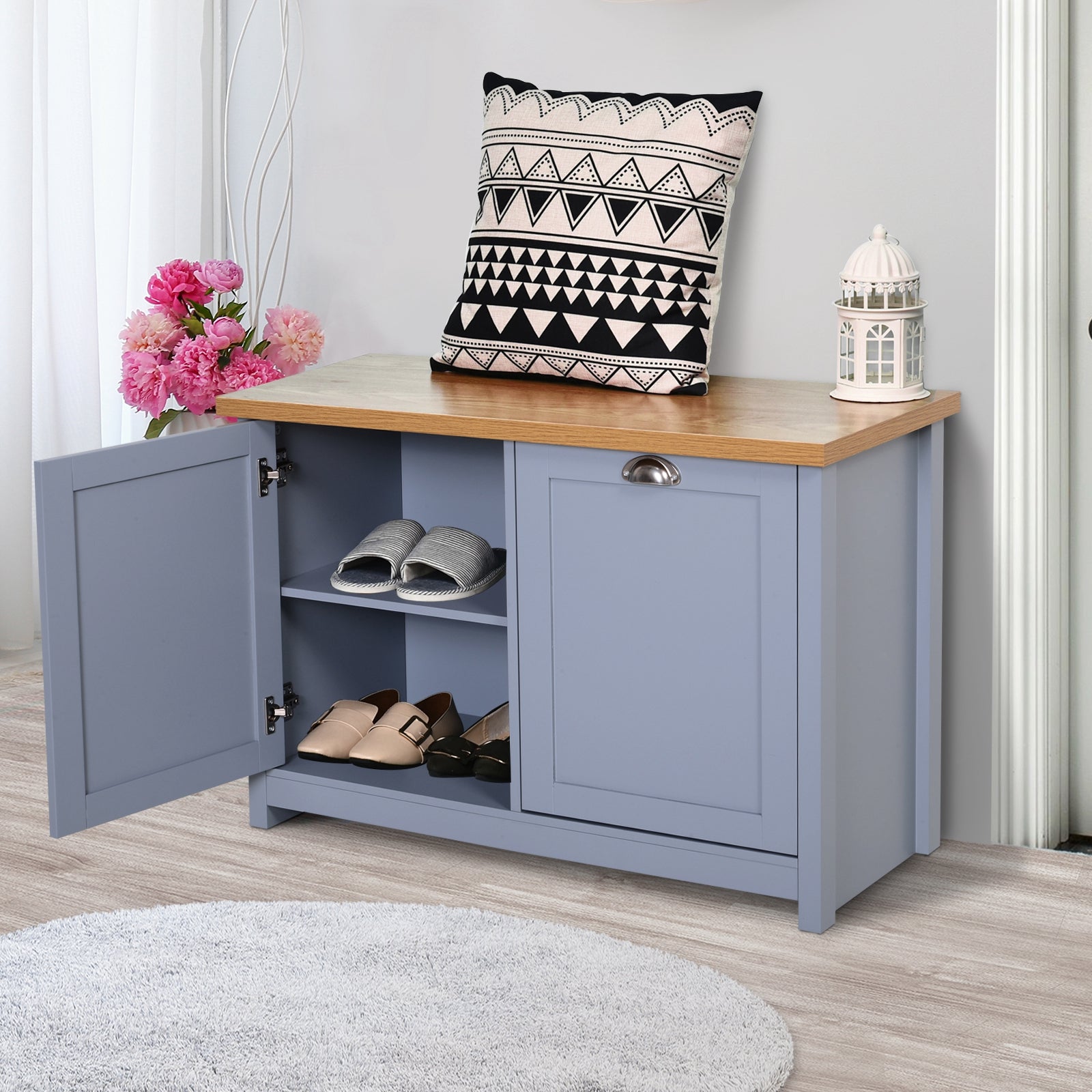 HOMCOM Hallway Shoe Storage: 2-Door Cabinet Organiser Bench with Shelf, Entryway Cupboard, Grey